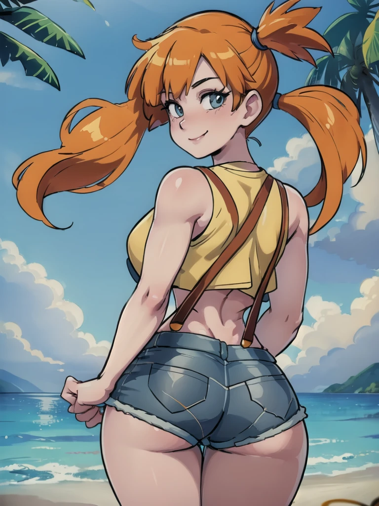 ((masterpiece,best quality)), absurdres,
Misty_Pokemon, yellow crop top, suspenders, side ponytail, orange hair, denim shorts, 
solo, smiling, blushing, looking at viewer, cowboy shot, from behind, 
cinematic composition, contrapposto, 
tropical beach,