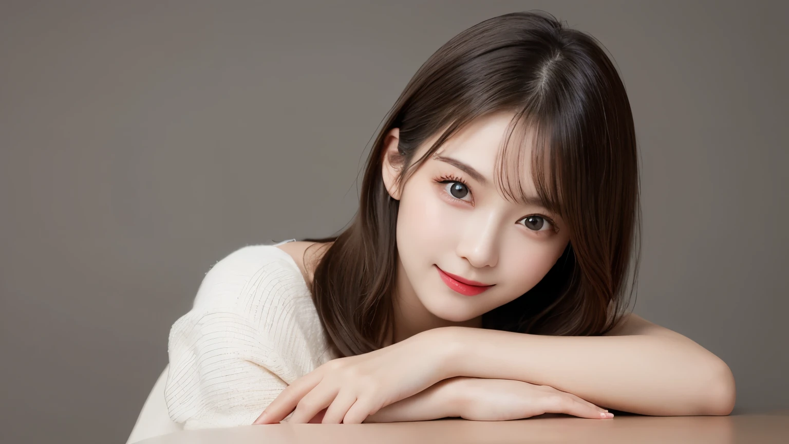 on the table, best quality, shape, Super detailed, Finely, high resolution, 8k wallpaper, 完璧なダイナミックな構shape, Beautiful and delicate eyes, Medium Length Hair, Small Breasts, Natural lipstick, Casual sexy pose,Smile,20 year old girl、midnight、Beautiful and detailed face、Perfect beautiful face,big eyes、original photo、Use the whole body to express female posture、Beautiful and delicate eyes、Small face、Beautiful duplex、Facelift and style,skirt、Beautiful golden ratio face,Long hair