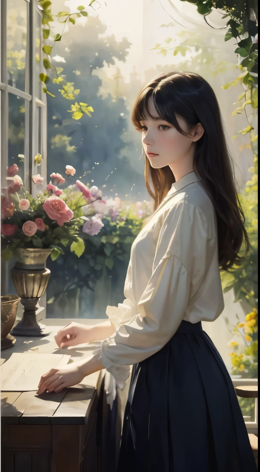 (Sargent Style Watercolor)、(best quality、masterpiece)、Vivid lighting, Charming elegance, Atmospheric depth, Amazing technology, naturalistic expression, harmonious composition, Creative Maturity, An impressive juxtaposition,
1 girl,Solitary,Clothes with atmosphere,
University,
indoor,
Bear,
flower园, flower, peaceful,