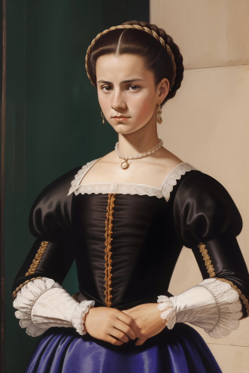 Seville, 1558. A young ((((17-year-old)) Jerónima Ruiz)), ((furious expression)),((((clothings from the 1550s)))), ((hairstyle of the 1550s)), colorful