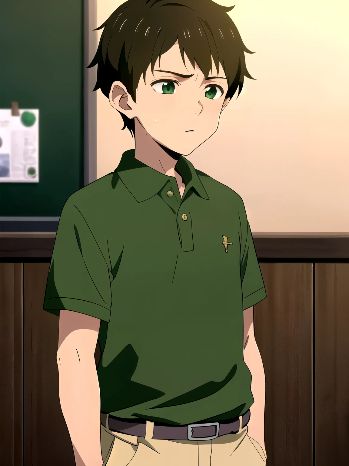 Highres, Masterpiece, Best quality at best,Best Quality,hight quality, hight detailed, Anime style, 1boy, Shota, Green polo shirt, depth of field, (very young boy), (very small and short body), -yeld bo School, Little sweat, Blurry beckground