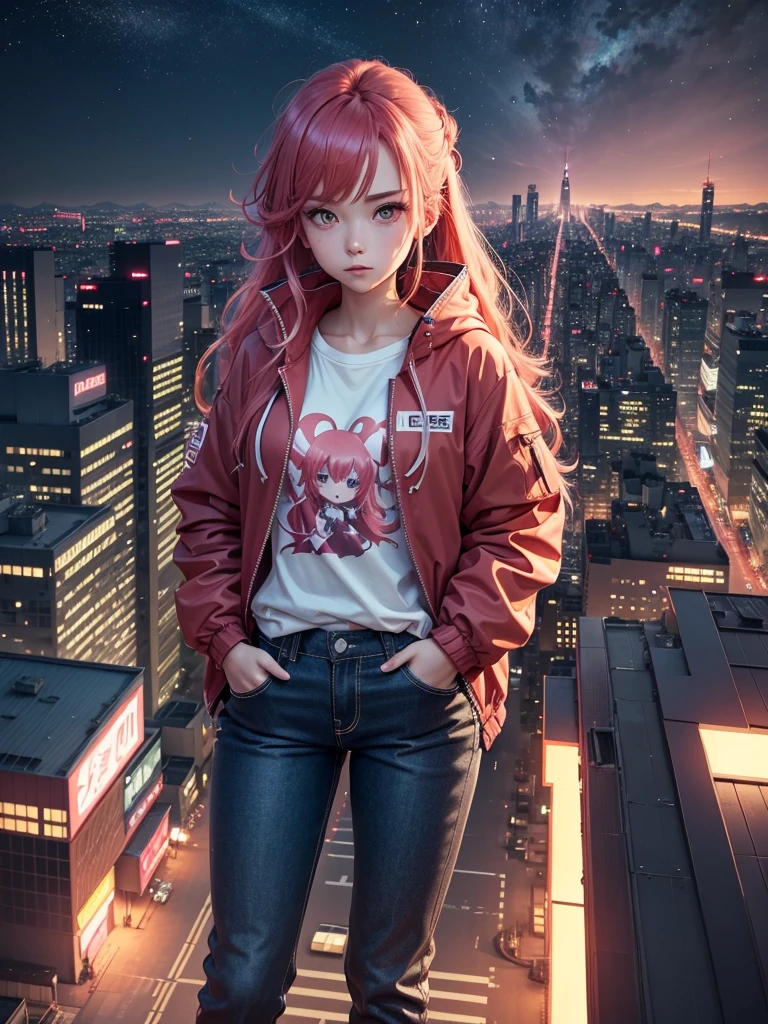 (Best Quality,4k,8K,hight resolution:1.2),Ultra-detailed, A girl, Vermilion hair, Scarlet hair, fluttering in the wind, looks into the distance, Cyan eyes, Anime style,Full-length view, distant view, Standing aside, hands in pocket,pants,Stylish clothes,sports clothing,Wide windbreaker,Neon Tokyo,View from the roof, View from a high-rise building, roof, urban landscape,night sky,Stars