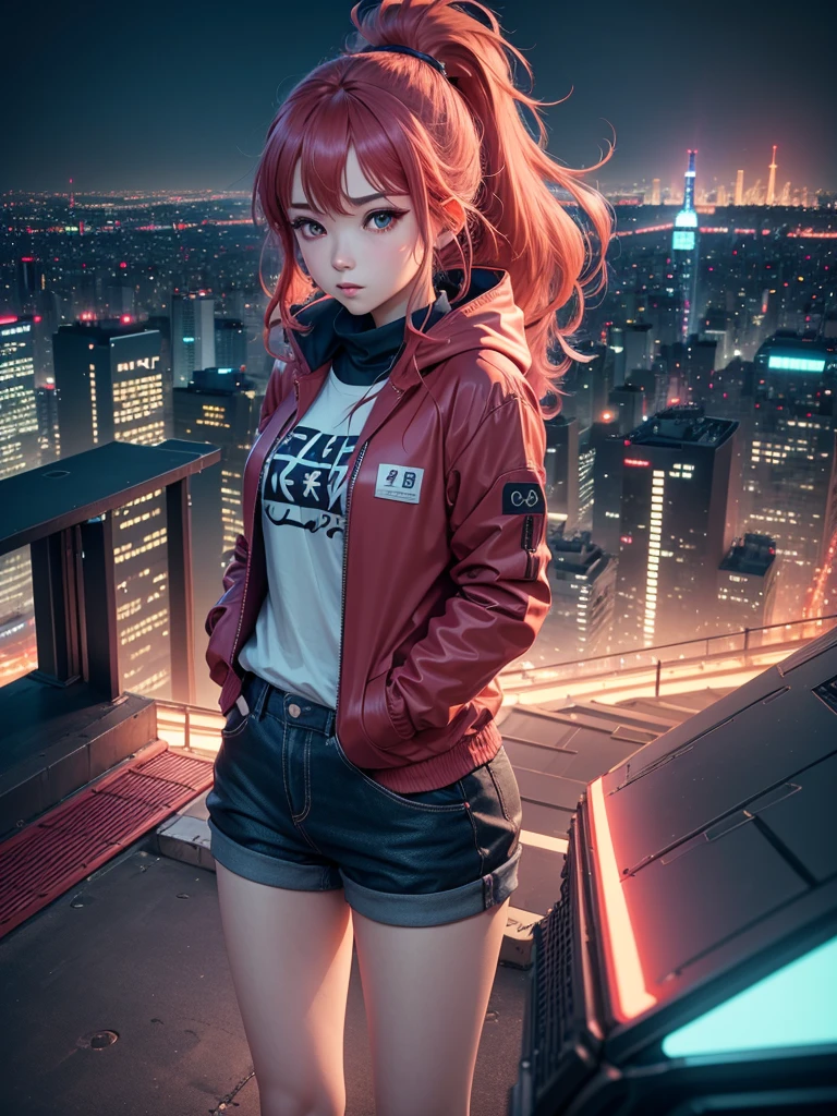 (Best Quality,4k,8K,hight resolution:1.2),Ultra-detailed, A  girl, Vermilion hair, Scarlet hair, fluttering in the wind, looks into the distance, Cyan eyes, Anime style,Full-length view, distant view, Standing aside, hands in pocket,pants,Stylish clothes,sports clothing,Wide windbreaker,Neon Tokyo,View from the roof, View from a high-rise building, roof, urban landscape,night  sky,Stars