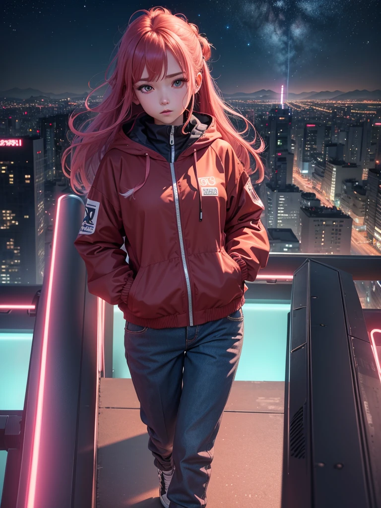 (Best Quality,4k,8K,hight resolution:1.2),Ultra-detailed, A  girl, Vermilion hair, Scarlet hair, fluttering in the wind, looks into the distance, Cyan eyes, Anime style,Full-length view, distant view, Standing aside, hands in pocket,pants,Stylish clothes,sports clothing,Wide windbreaker,Neon Tokyo,View from the roof, View from a high-rise building, roof, urban landscape,night  sky,Stars
