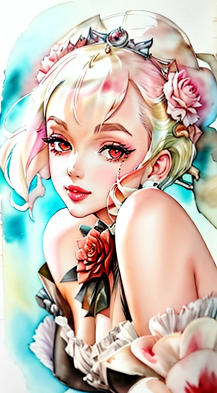 Marilyn Monroe close-up, Off the shoulder , watercolor画スタイル, (Rose) Digital Art, White Background, among the Roses, Official Art, Blowing in the Wind, masterpiece, beautiful, ((watercolor)), Paint splashes, Intricate details. Amazing details, [Dripping:0.7], Trending on Artstation, Rachel Walker