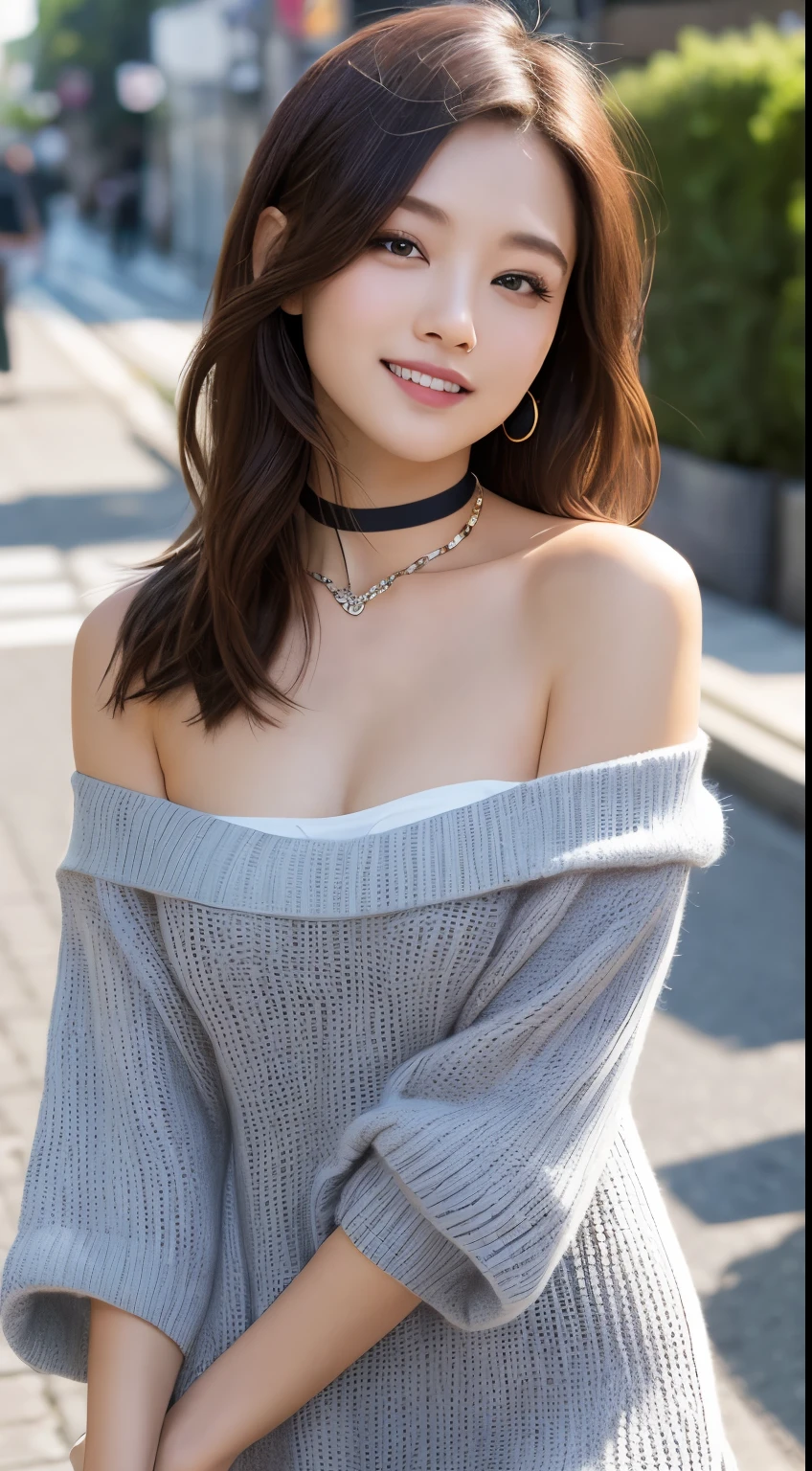 Tabletop, highest quality, figure, Very detailed, In detail, High resolution, 8k wallpaper, Perfect dynamic composition, Beautiful fine details, dress,Medium Hair, Center of chest, Natural color lip, Random sexy poses,smile,Aoyama Street Walk、20-year-old girl、Shoulderless knit(Shui Color)、Slid、Choker with chain、I keep my hair tied