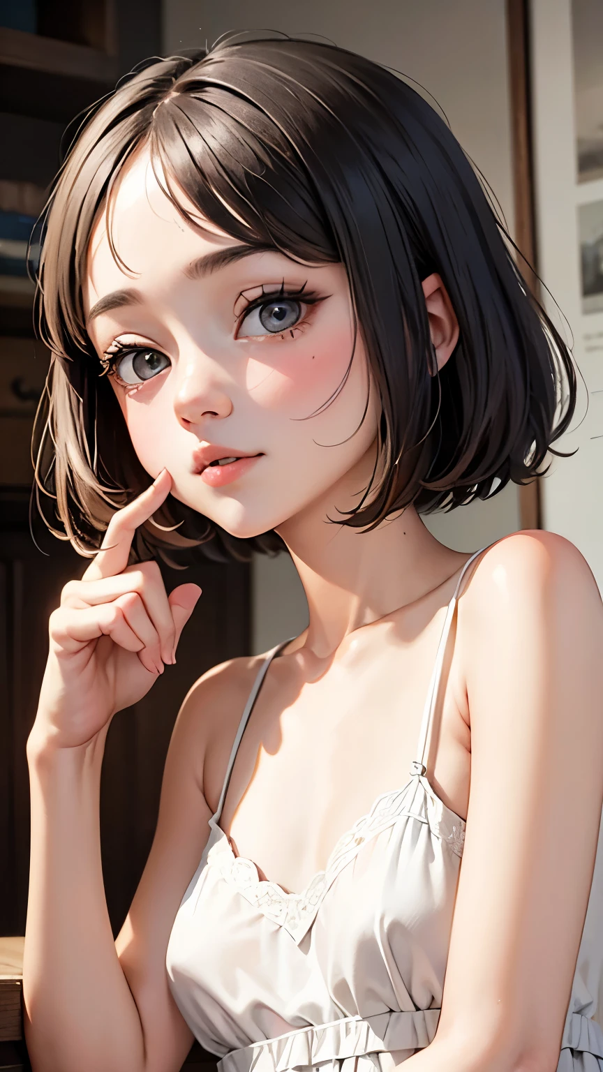 short hairと白のシャツ, short hair, 前髪のあるshort hair, Cute face girl, Cute little face in a portrait, French Bob, White skin!!, 短い茶色の髪とBig eyes, Soft Portrait Shot 8k, Beautiful light、Big eyes, Beautiful girl, Young girl with bob cut, Best image quality, Tabletop, Leonardo da Vinci's Notebooks Da Vinci, Leonardo da Vinci's manuscript in the background,See-through gown,Exposing breasts,Man and woman hug,,