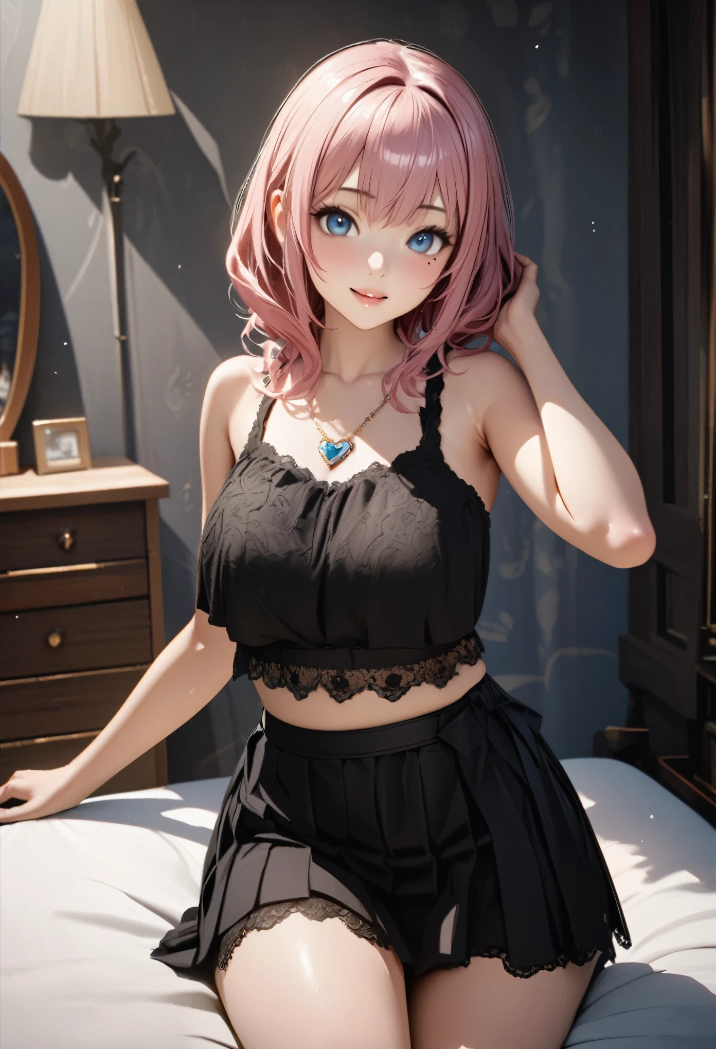 One Girl、Looking at the audience、
Beautiful Blue Eyes、shoulder-length pink hair、,Mole under the eye、Plump and glossy lips、Heart-shaped choca、Idol、smile、ー、。.。.。.。.。.。.。.。.。.。.。.。.。.。.。.。.。.。.3D、Realistic、
The black tank top and hort skirt、Drape clothes、gem、The decoration has been removed、Floral、Lace trim、girl's room,large bedroom,
masterpiece、highest quality、8k、Detailed skin texture、Detailed cloth texture、Beautifully detailed face、Intricate details、Very detailed、
超A high resolution、8K Ultra HD、Film Grain、Best Shadow、delicate、Staring at the audience、front