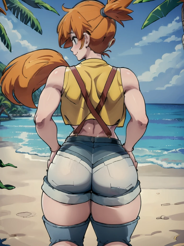 ((masterpiece,best quality)), absurdres,
Misty_Pokemon, yellow crop top, suspenders, side ponytail, orange hair, denim shorts, 
solo, smiling, blushing, looking at viewer, cowboy shot, from behind, 
cinematic composition, contrapposto, 
tropical beach,