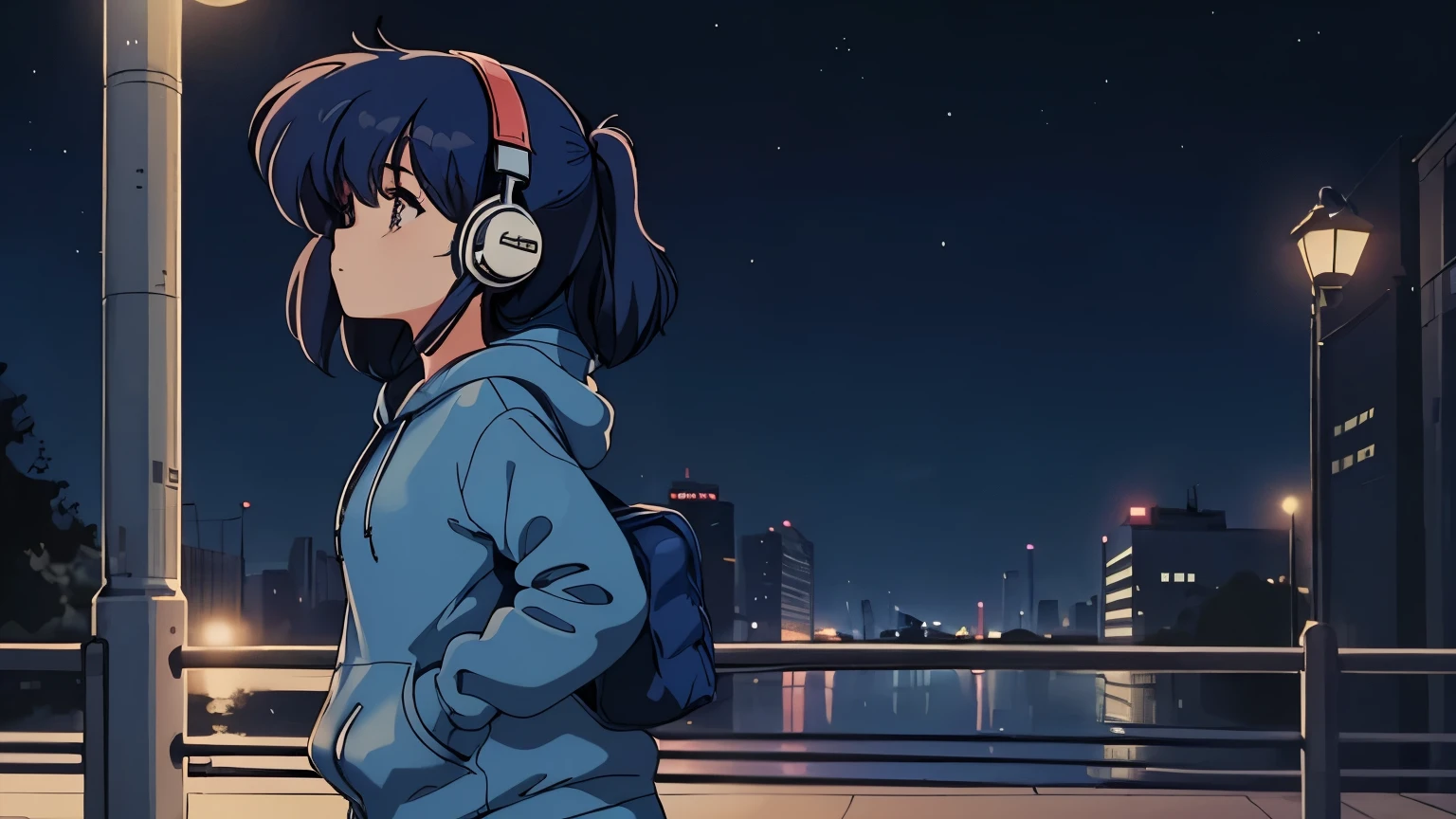 (90s anime),(city pop),(Ghibli),(ultra-detailed,master piece,best quality,high resolution,perfect eyes,perfect hands,ultra-detailed eyes,perfect fingers),(A girl wearing a blue hoodie, blue pants, and headphones is walking alone in the park at night.), (expressionless girl),(the girl doesn't look this way),(profile)
