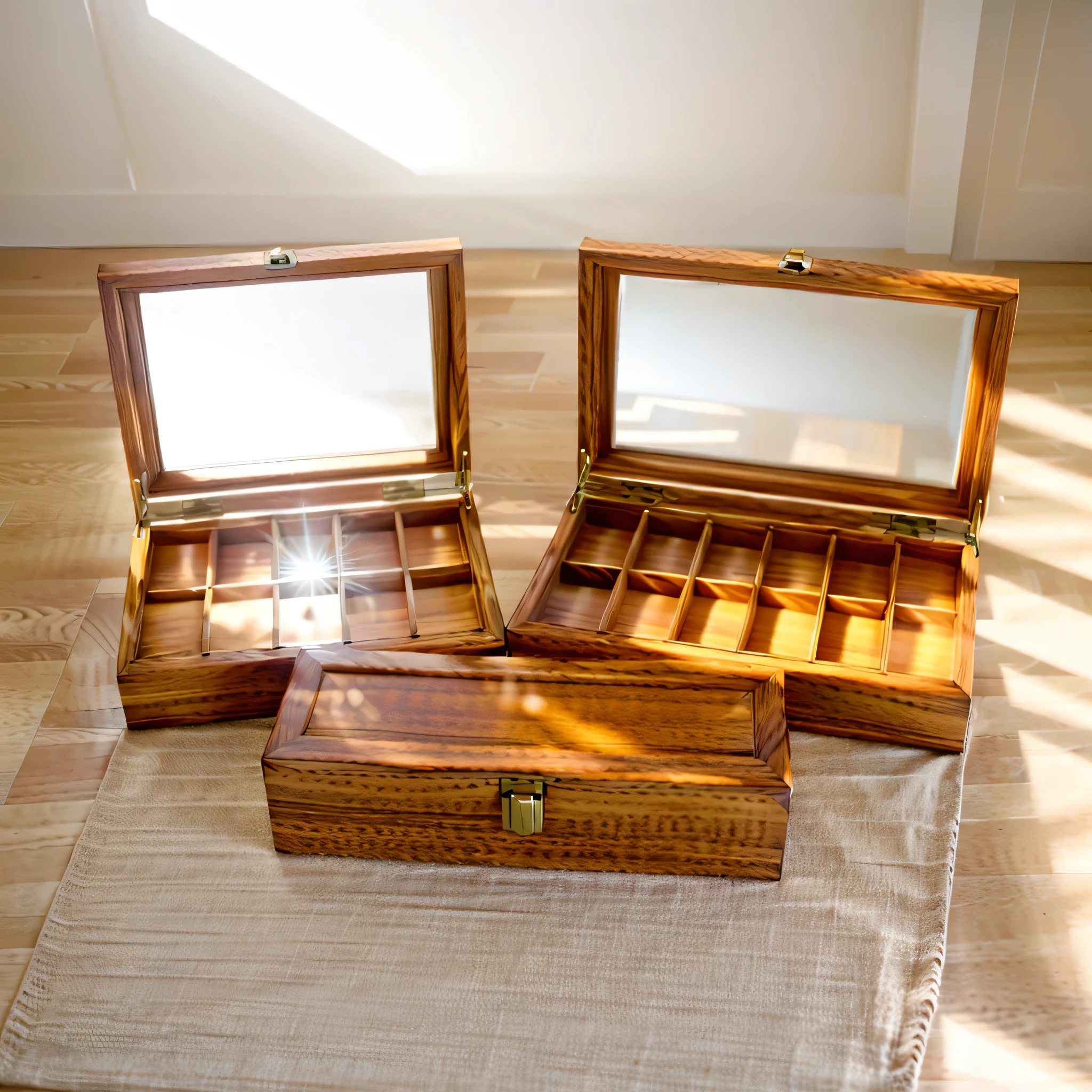in this warm and pleasant room,The sun shines like a thread,Through lightly drawn curtains,Gently sprinkled on the table,It gives the watch storage box a light halo。The wood grain on the box is reflected by the light,Shining with natural and simple luster,Like traces of time passing。on the wall of the room,Several still life paintings hang quietly,Their colors are soft and warm,Adds a touch of elegance and tranquility to the entire space。 The shadow of the storage box gently casts on the floor,A sharp contrast to the brightness of the surrounding environment,The box is more exquisite and unique。The whole room is filled with a peaceful and warm atmosphere,It seems as if time has slowed down at this moment.,Let people indulge in this beauty and tranquility。