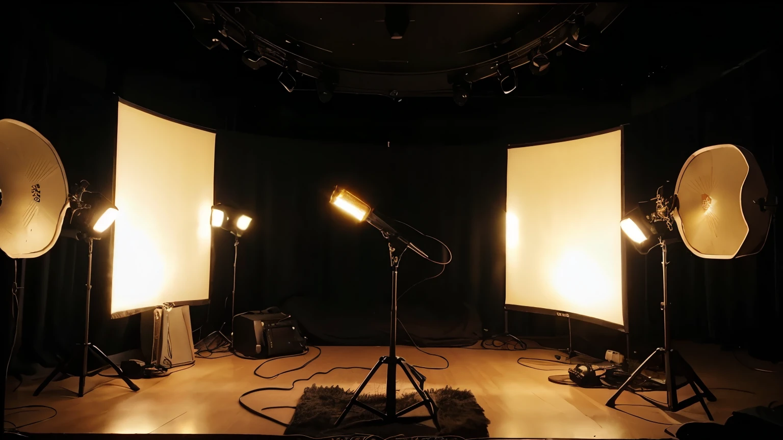 A dramatic YouTube banner for the channel 'Celebrity Talk.' Black background, spotlights illuminating golden text, a vintage microphone in the center. Feel should be exclusive and intimate