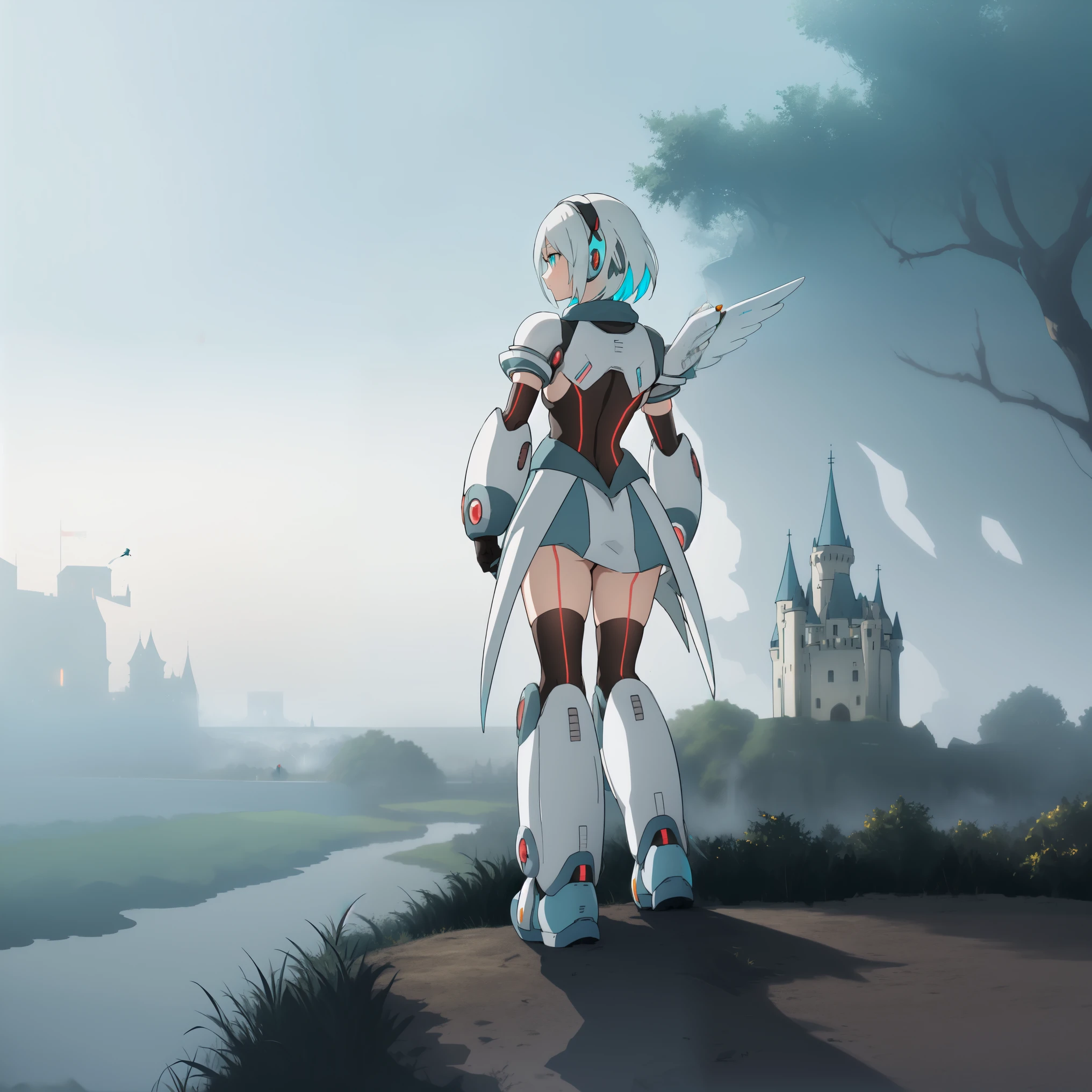 ico_megamanxdive, 1girl, blue eyes, solo, white hair, android, large breasts, black gloves, short hair, thighhighs, necktie, high quality, masterpiece, standing next to a swamp and castle surrounded by mist, outdoors, tree, solo, from behind, bird, facing away, scenery