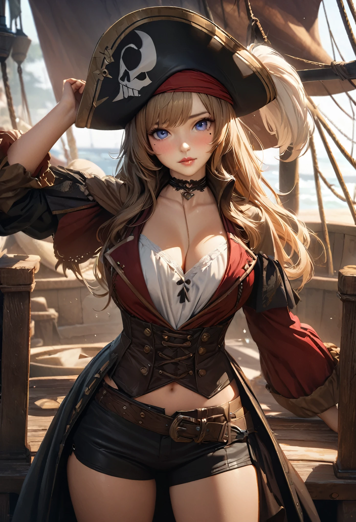 LittleMasterpiece, Best Quality, Highly Detailed, High Definition, High Definition, High Definition, 4k, 8k, Unity 8K Wallpaper, Highly Detailed CG, Masterpiece, Realistic, Beautiful Details, Depth, Fine Texture, Best Quality: 1.3, Total concentration, perfect skin, him, very cute anime, female pirate, pirate costume, pirate ship, whole body, mole under the eye, gaze, high, blush, lips parted, his art, blue eyes, choker