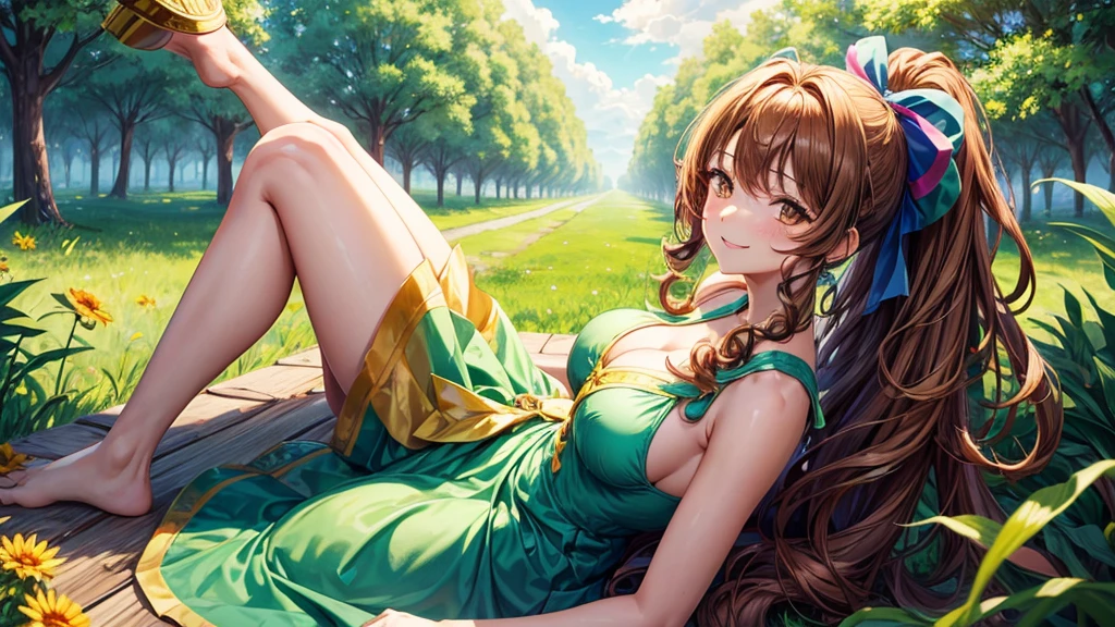 1girl, full body, summer, village, trees, sun, clouds, ((colorful hair)), long hair, curly hair, ponytail, ?????????????, sleeveless green dress, cleavage 1:3, brown eyes, smile, looking at the viewer, touching neck, standng, hair ribbon, golden necklate