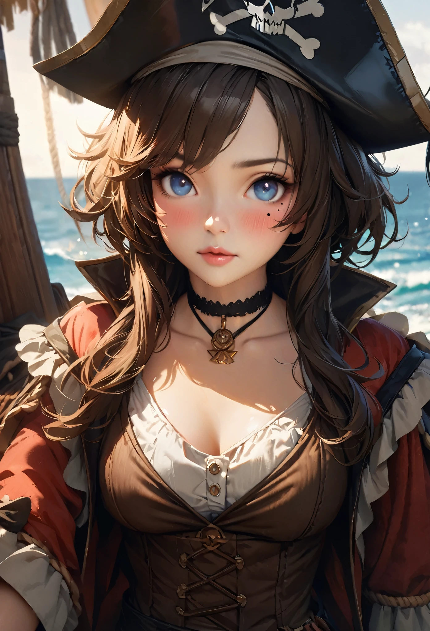 LittleMasterpiece, Best Quality, Highly Detailed, High Definition, High Definition, High Definition, 4k, 8k, Unity 8K Wallpaper, Highly Detailed CG, Masterpiece, Realistic, Beautiful Details, Depth, Fine Texture, Best Quality: 1.3, Total concentration, perfect skin, him, very cute anime, female pirate, pirate costume, pirate ship, whole body, mole under the eye, gaze, high, blush, lips parted, his art, blue eyes, choker