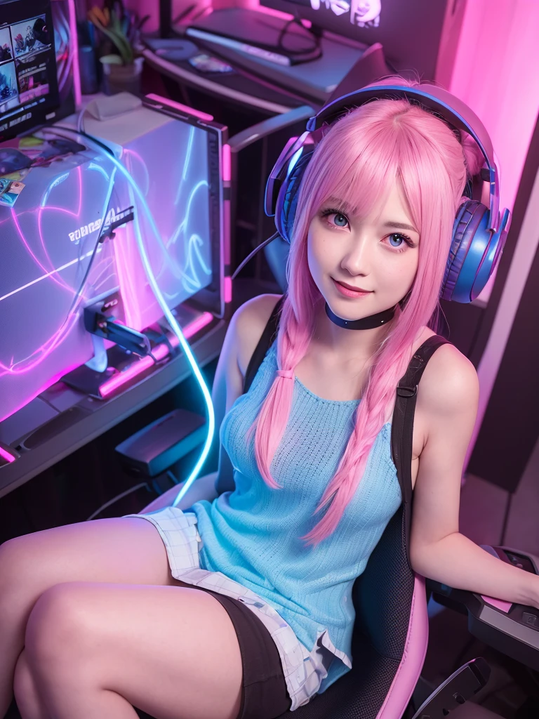 best qualityer, ultra high resolution, (photorrealistic:1.4), (pink and blue neon light), beautiful face, Make-up natural, (pureerosface_v1:0.8), | 1womanl, casual look, overskirt, intricate design, earphone, hair blue, twin tail hair, | Sitting in the gaming chair, game room background, streamer, player, gaming pc, (ssmile),