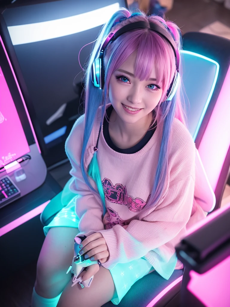 best quality, ultra high res, (photorealistic:1.4), (pink and blue neon light), beautiful face, natural makeup, (PureErosFace_V1:0.8), | 1 woman, casual cloth, skirt, intricate design, headphone, blue hair, twin tail hair, | sitting on gaming chair, gaming room background, streamer, gamer, gaming pc, (smile),