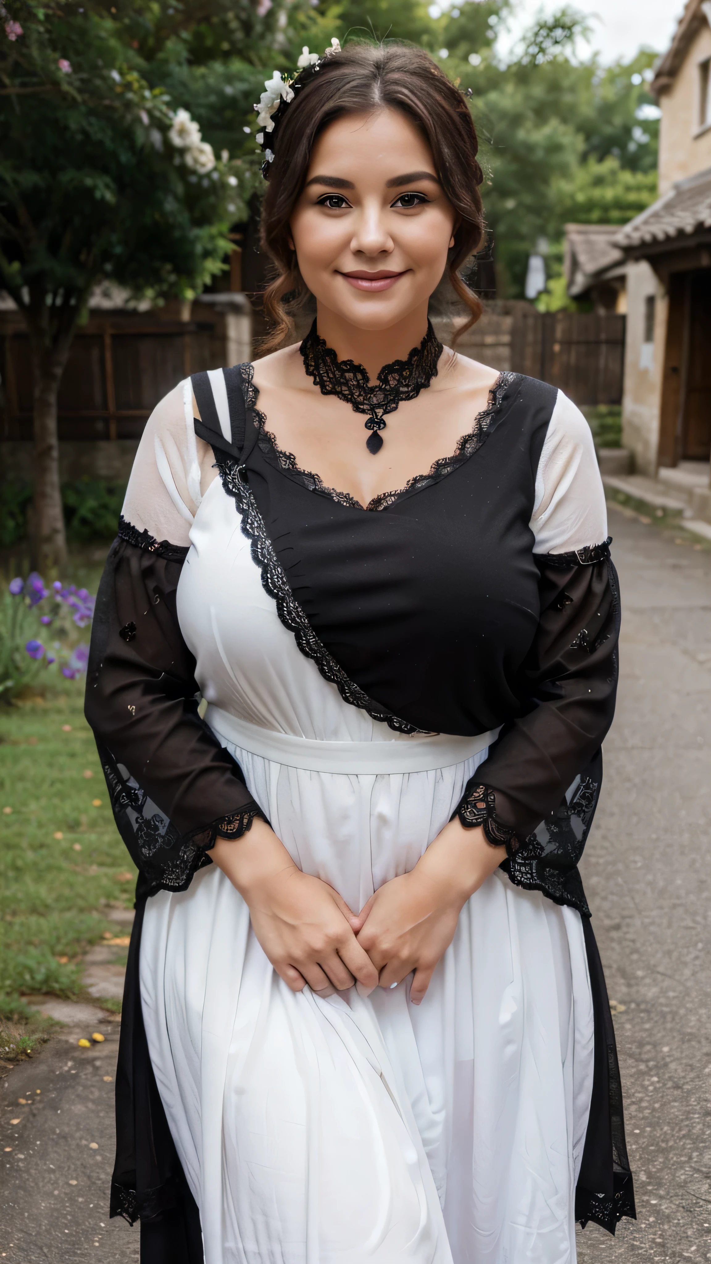 A beautiful and hot almost chubby mature woman.who wears a white dress with a pattern of black flowers with lace-like sleeves. and standing in the village. A smiling face

