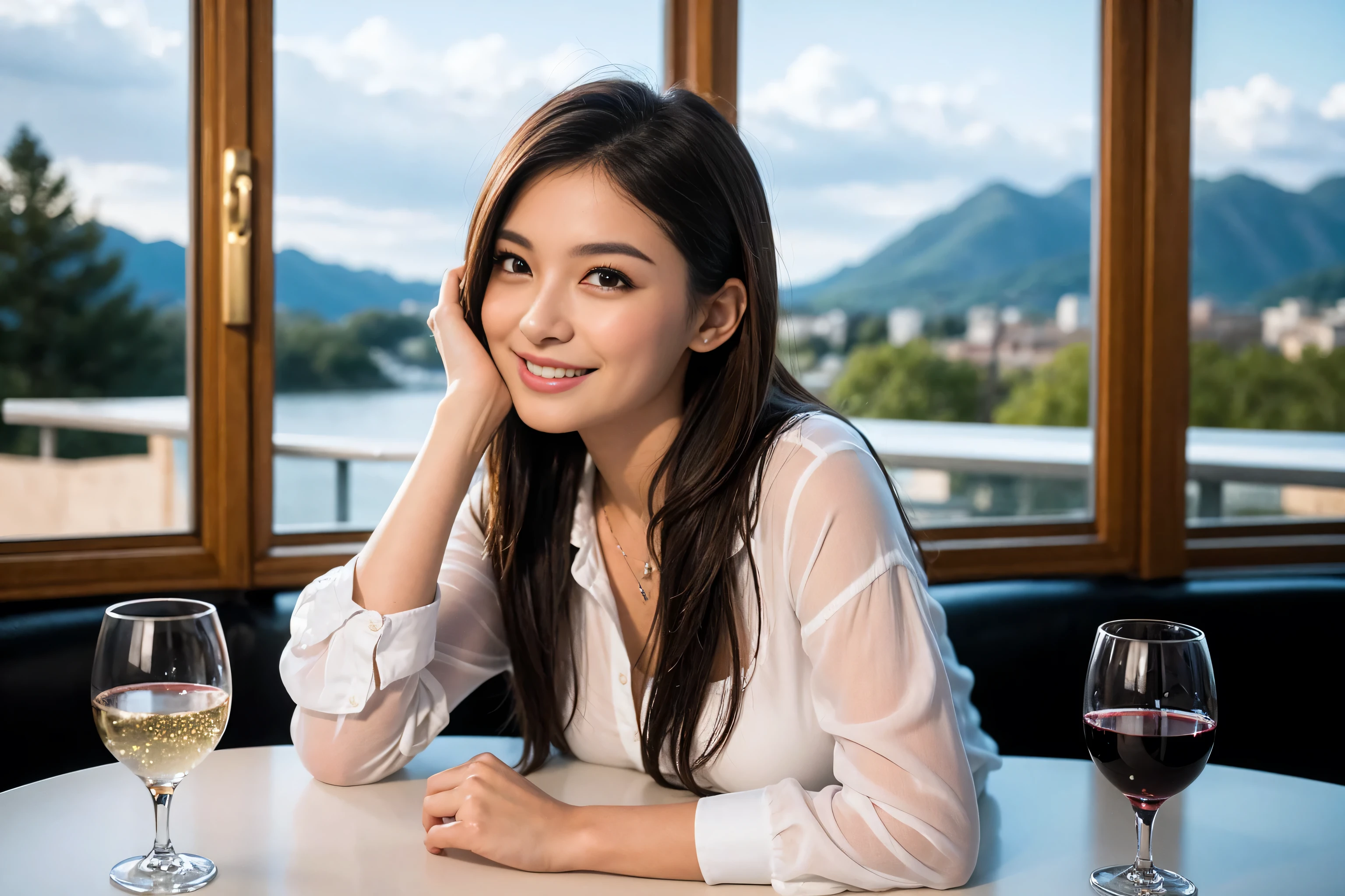 ((highest quality、8k、masterpiece:1.3))、Sharp focus:1.2、Beautiful woman perfect body:1.4、Slim body、((Bob Hale、Straight hair:1.2))、(to be born, highest quality, masterpiece:1.5), (Realistic, Intricate details:1.2), Ultra-high resolution, Put the light on your face、Amazing view of the sunset sky and clouds、Amazing mountain views、A bright smile、wine glass、red wine 、Appetizer、Italian food、Wine bottle、Champagne、sparkling wine、, Beautiful Face, blue eyes, The light shines on your face, Blushing, short hair,Bright Face、Fox face、 (36 years old), 39 years old, Lady、Two beauties、Brown Hair、Shortcuts、Long sleeve shirt、dress、Pretty Woman 1, (Slim face), (The body is slim), (Brown Hair), (Shortcuts), cheeks turn a little red,Attractive beauty、, Out of the window, A beautiful and detailed night view unfolds.........., restaurant, In a prominent place (From the waist up) Nova Frog Style, actress, model, Upper Body, White wine, slim, wine glass, A wine glass placed in the middle, smile, (smile: 1.15), Beautiful fine grain, Depth f/2,saturation, High Contrast, Strong light and shadow,Moist Body:1.5、3D texture、Delicate eyes、Brown Hair、The hair is very shiny、