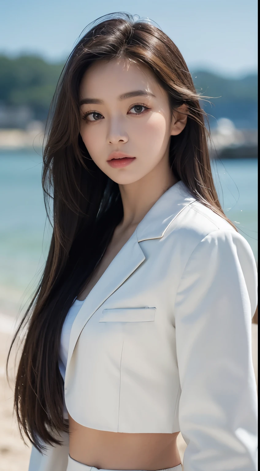 masterpiece, mackerel, Screen Shots, best quality, 1 woman, (scar over left eye), White cropped jacket, very detailed, rule of thirds, bijouterie, long hair, forehead, hair between eyes