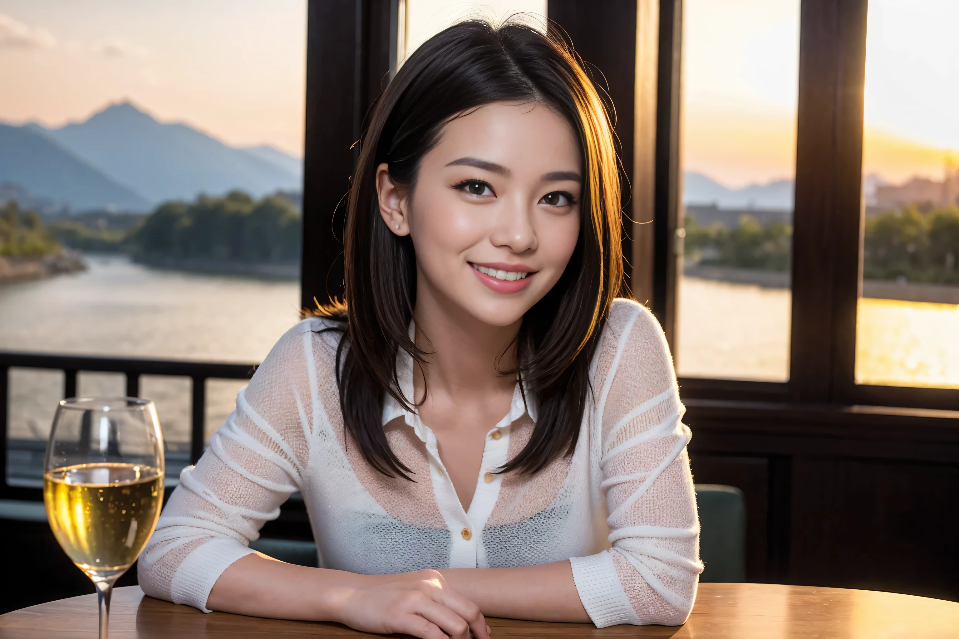 ((highest quality、8k、masterpiece:1.3))、Sharp focus:1.2、Beautiful woman perfect body:1.4、Slim body、((Bob Hale、Straight hair:1.2))、(to be born, highest quality, masterpiece:1.5), (Realistic, Intricate details:1.2), Ultra-high resolution, Put the light on your face、Amazing view of the sunset sky and clouds、Amazing mountain views、A bright smile、wine glass、red wine 、Appetizer、Italian food、Wine bottle、Champagne、sparkling wine、, Beautiful Face, blue eyes, The light shines on your face, Blushing, short hair,Bright Face、Fox face、 (36 years old), 39 years old, Lady、Two beauties、Brown Hair、Shortcuts、Long sleeve shirt、dress、Pretty Woman 1, (Slim face), (The body is slim), (Brown Hair), (Shortcuts), cheeks turn a little red,Attractive beauty、, Out of the window, A beautiful and detailed night view unfolds.........., restaurant, In a prominent place (From the waist up) Nova Frog Style, actress, model, Upper Body, White wine, slim, wine glass, A wine glass placed in the middle, smile, (smile: 1.15), Beautiful fine grain, Depth f/2,saturation, High Contrast, Strong light and shadow,Moist Body:1.5、3D texture、Delicate eyes、Brown Hair、The hair is very shiny、