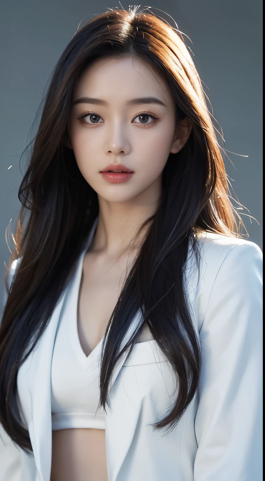 A woman with long hair and a white top posing for a picture - SeaArt AI