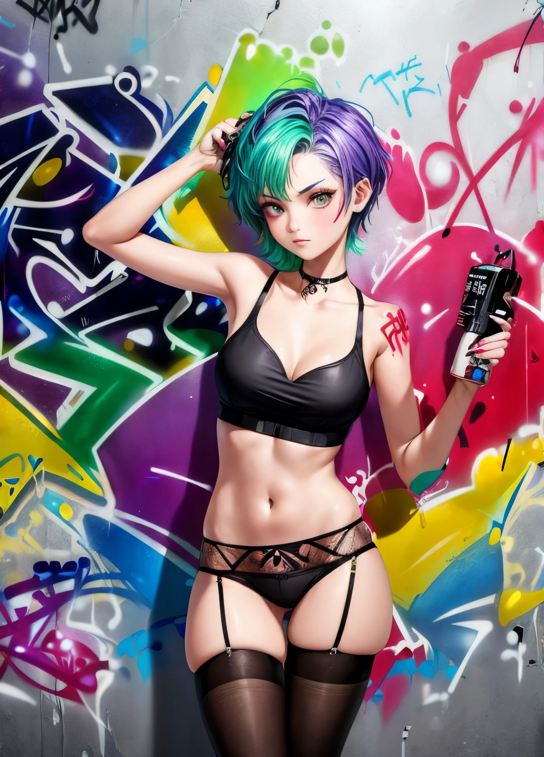 (graffiti:1.5), Young woman, , short hair, spray paint on the body, spray paint on the wall, Graffiti wall, multicolored hair, underpants, stockings, stockings в клетку, breast, 