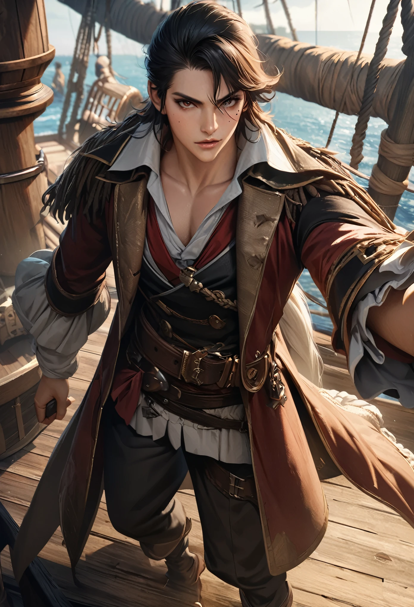 LittleMasterpiece, highest quality, high definition, high definition, high definition, high resolution, 4k, 8k, Unity 8K wallpaper, high definition CG, masterpiece, realistic, beautiful in every detail, depth, detailed texture, highest quality: 1.3, full concentration, perfect skin, he, very good-looking handsome young male pirate, anime, pirate, pirate costume, pirate ship, full body, mole under the eye, gaze looking at the viewer, parted lips,