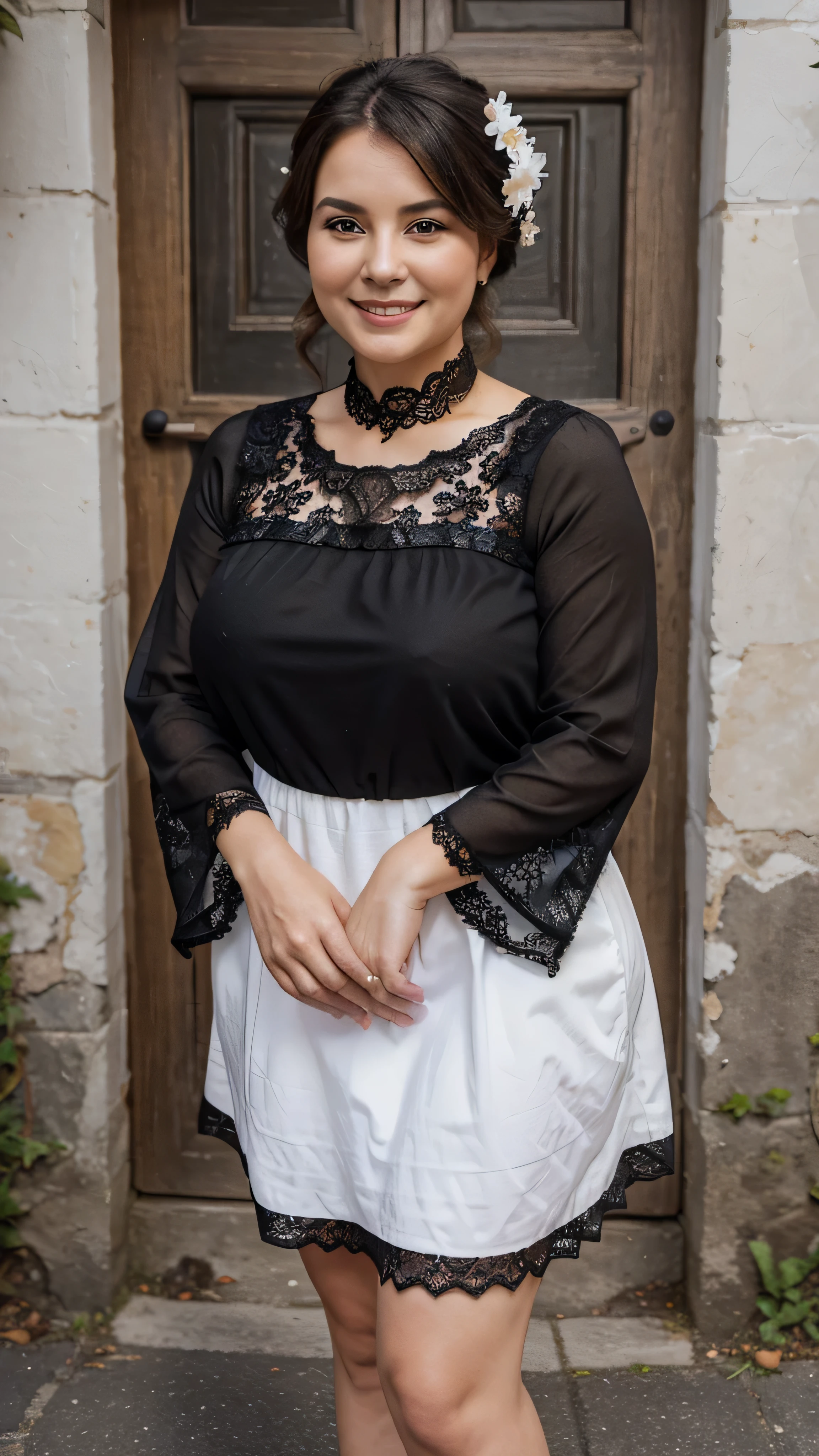 A beautiful and hot almost chubby mature woman.who wears a white dress with a pattern of black flowers with lace-like sleeves. and standing in the village. A smiling face

