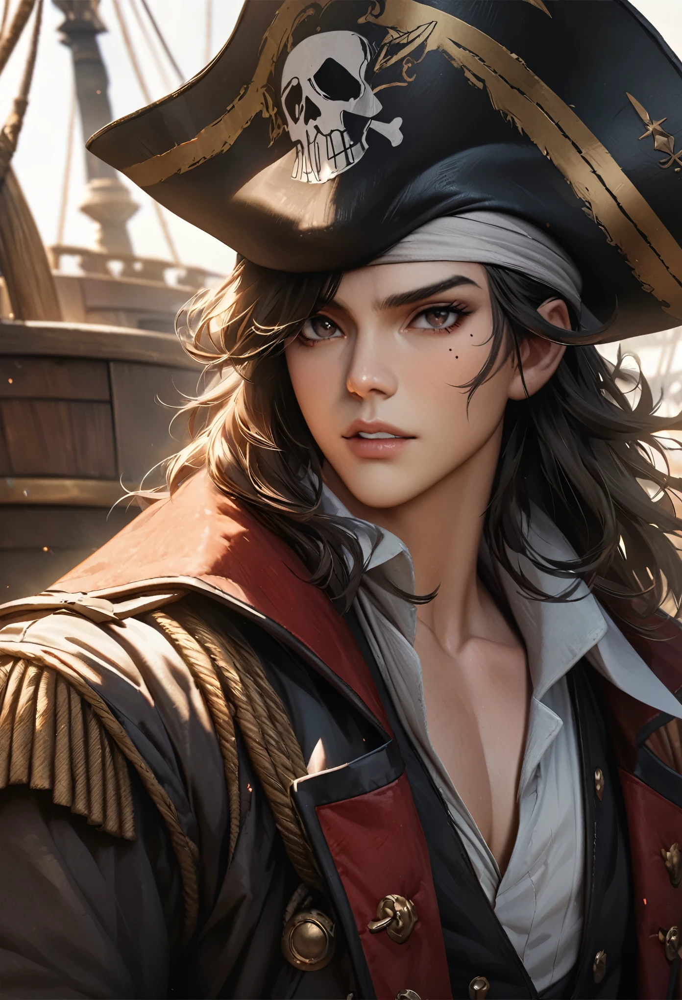 LittleMasterpiece, highest quality, high definition, high definition, high definition, high resolution, 4k, 8k, Unity 8K wallpaper, high definition CG, masterpiece, realistic, beautiful in every detail, depth, detailed texture, highest quality: 1.3, full concentration, perfect skin, he, very good-looking handsome young male pirate, anime, pirate, pirate costume, pirate ship, full body, mole under the eye, gaze looking at the viewer, parted lips,