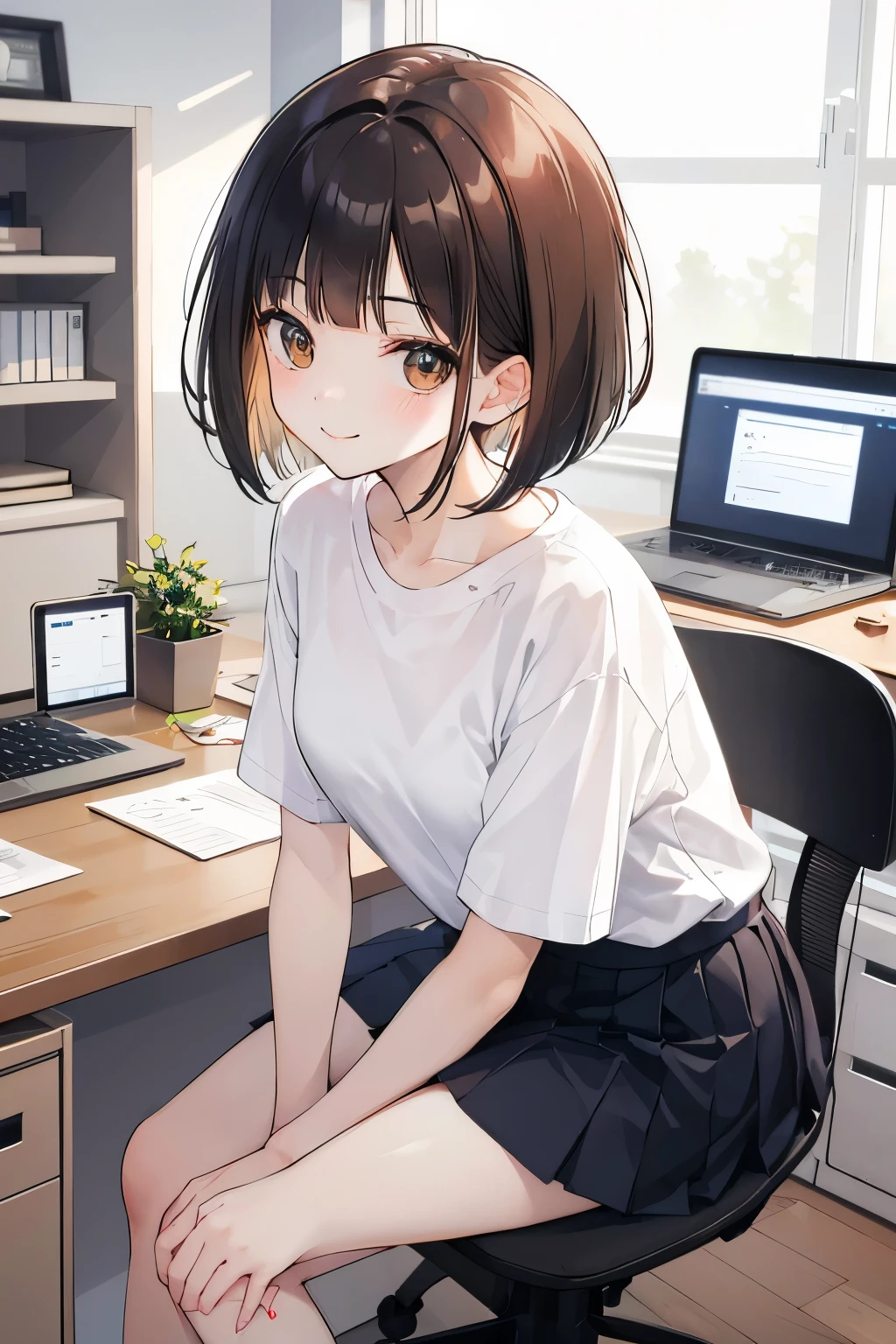 frame in, from right in front of face and body, view straight on, upper body, High quality, very high res, High quality, very high res, cute girl, brown hair, forehead, blunt bangs, bob cut, blush, Brushed up bangs, (wearing a plain t-shirt), upright, pleated skirt, work desk, sitting in a work chair, hands on thighs, smile, leaning forward, at office
