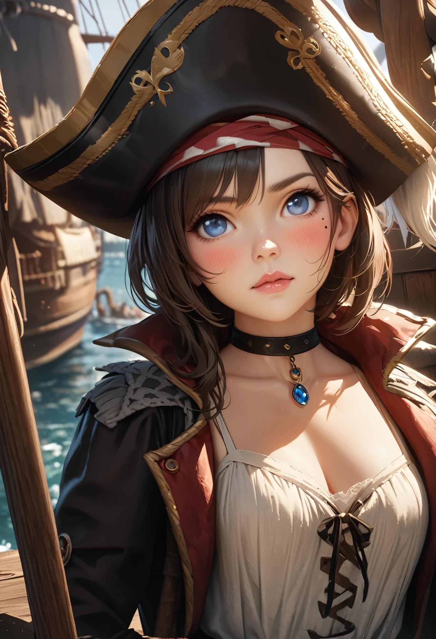 LittleMasterpiece, Best Quality, Highly Detailed, High Definition, High Definition, High Definition, 4k, 8k, Unity 8K Wallpaper, Highly Detailed CG, Masterpiece, Realistic, Beautiful Details, Depth, Fine Texture, Best Quality: 1.3, Total concentration, perfect skin, him, very cute anime, female pirate, pirate costume, pirate ship, whole body, mole under the eye, gaze, high, blush, lips parted, his art, Blue eyes, choker