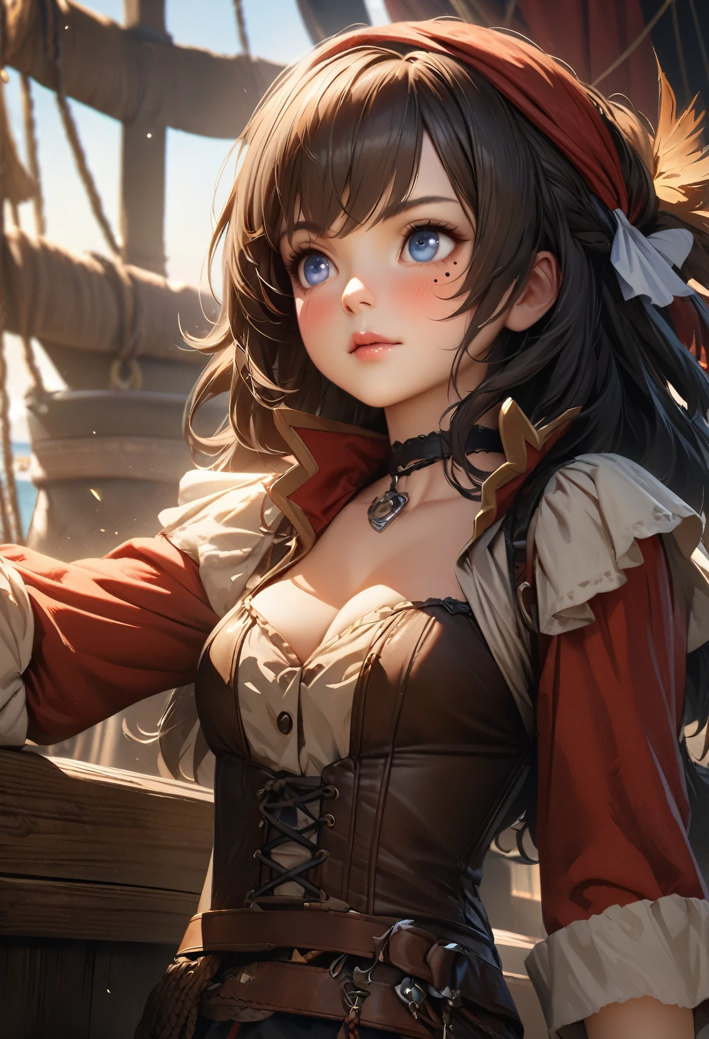 LittleMasterpiece, Best Quality, Highly Detailed, High Definition, High Definition, High Definition, 4k, 8k, Unity 8K Wallpaper, Highly Detailed CG, Masterpiece, Realistic, Beautiful Details, Depth, Fine Texture, Best Quality: 1.3, Total concentration, perfect skin, him, very cute anime, female pirate, pirate costume, pirate ship, whole body, mole under the eye, gaze, high, blush, lips parted, his art, Blue eyes, choker