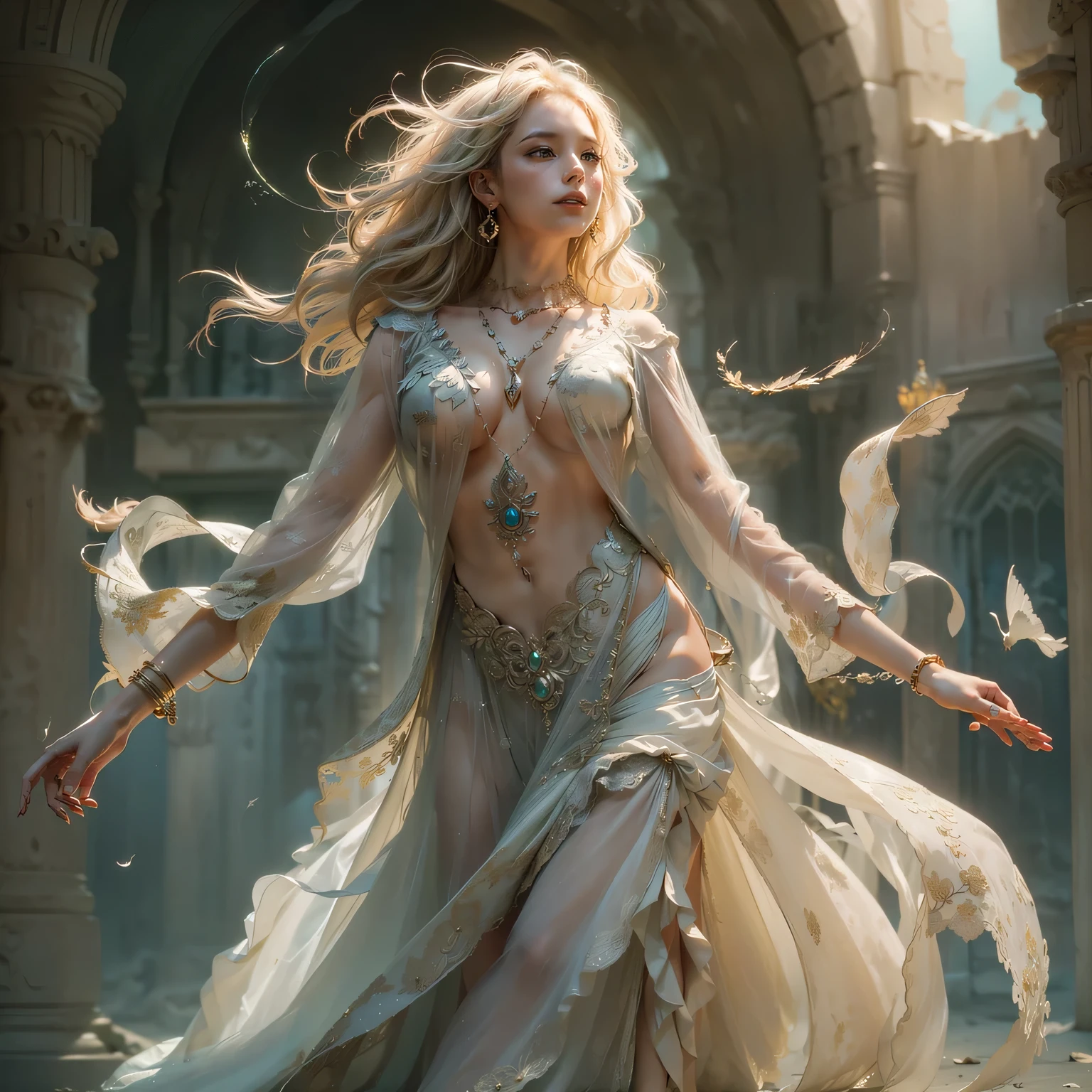 (RAW shooting:1.5, Photoreal:1.5, 8k, highest quality, masterpiece, ultra high resolution), magical world, perfect dynamic composition, Mysterious:1.3, Highly detailed skin and facial textures:1.3, Cute and sexy slim female wizard, beautiful and aesthetic, cute and sexy beauty, perfect style, wear elaborate rings, pose to cast a spell:1.3, fire, water, Wind, thunder, ice, Fair skin, very beautiful face, (Medium chest, Chest gap), (embarrassing smile, The expression on your face when you feel intense caress, Facial expression when feeling pleasure), (How to properly wear a sexy wizard costume off your shoulders), (beautiful blue eyes, Eyes that feel beautiful eros:0.8), (Too erotic:0.9, Bewitching:0.9), full body shot