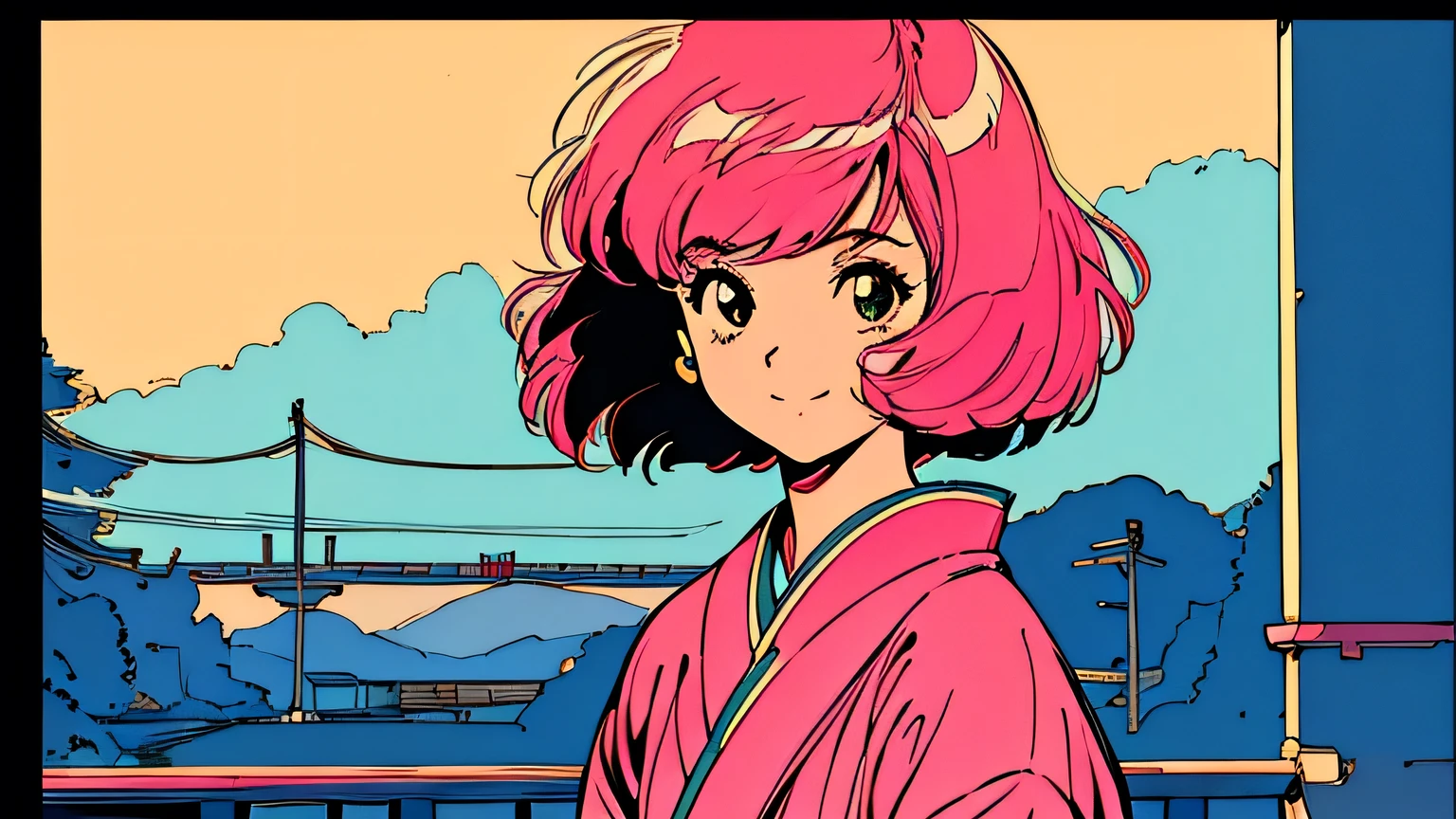 master piece, City Pop style, Pink Hair, fluffy bob cut, wearing headphones, shoulder length, alone, Futuristic, yet, lofi, retro, vintage, Ghost, light smile,
, (( looking away )), kimono, light smile, torii, Kyoto