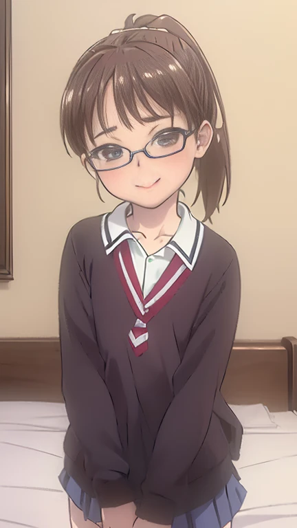 ((masterpiece)),((highest quality)),((Anatomical)),((Realistic)),((Detailed Description)),((cute)),((((bedroom)))),(((One ))),((Beautiful eyes)),(((ponytail))),((Baby Face)e)),((Bewitching Smile)),(((school uniform))),((skirt)),(((Glasses))),Full body view,