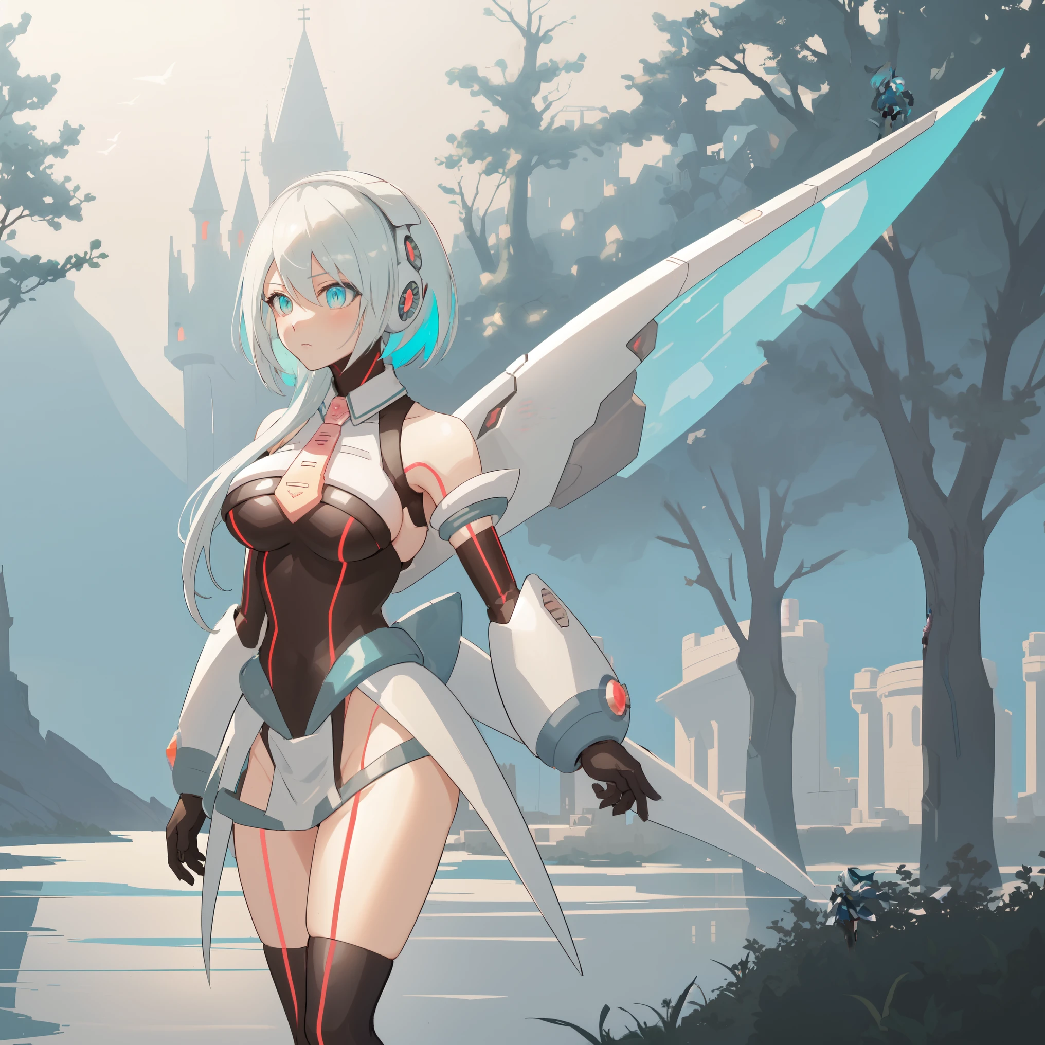 ico_megamanxdive, 1girl, blue eyes, solo, white hair, android, large breasts, black gloves, short hair, thighhighs, necktie, high quality, masterpiece, standing next to a swamp and castle surrounded by mist, outdoors, tree, solo, from behind, bird, facing away, scenery