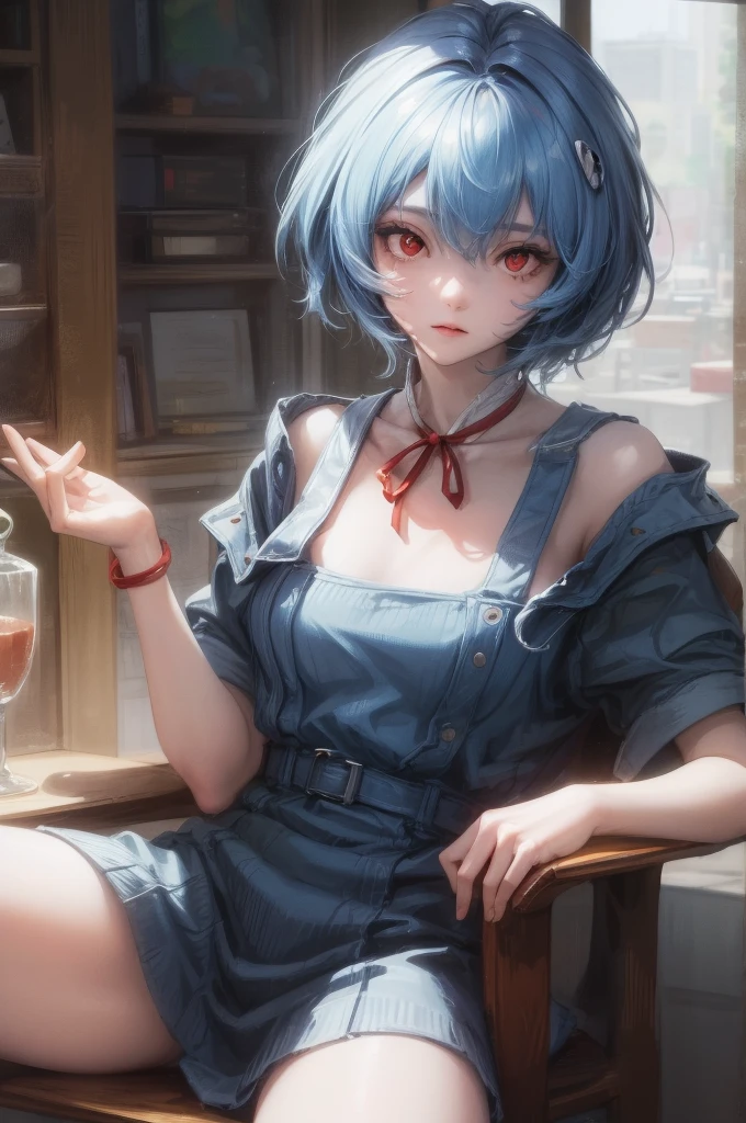 1 GIRL, reiayanami, rei ayanami, blue hair, short hair, (red eyes:1.5), ultra realistic, REALISTIC, Ultra detailed, More detailed, Japan city scenaries, Random scenaries japan, BREAK blue dress, dress, neck ribbon, pinafore dress, red ribbon, ribbon, , short sleeves, short-sleeved sweater, sweater, BREAK outdoors, city, BREAK looking at viewer, BREAK (masterpiece:1.2), best quality, high resolution, unity 8k wallpaper, (illustration:0.8), (beautiful detailed eyes:1.6), extremely detailed face, perfect lighting, extremely detailed CG, (perfect hands, perfect anatomy),