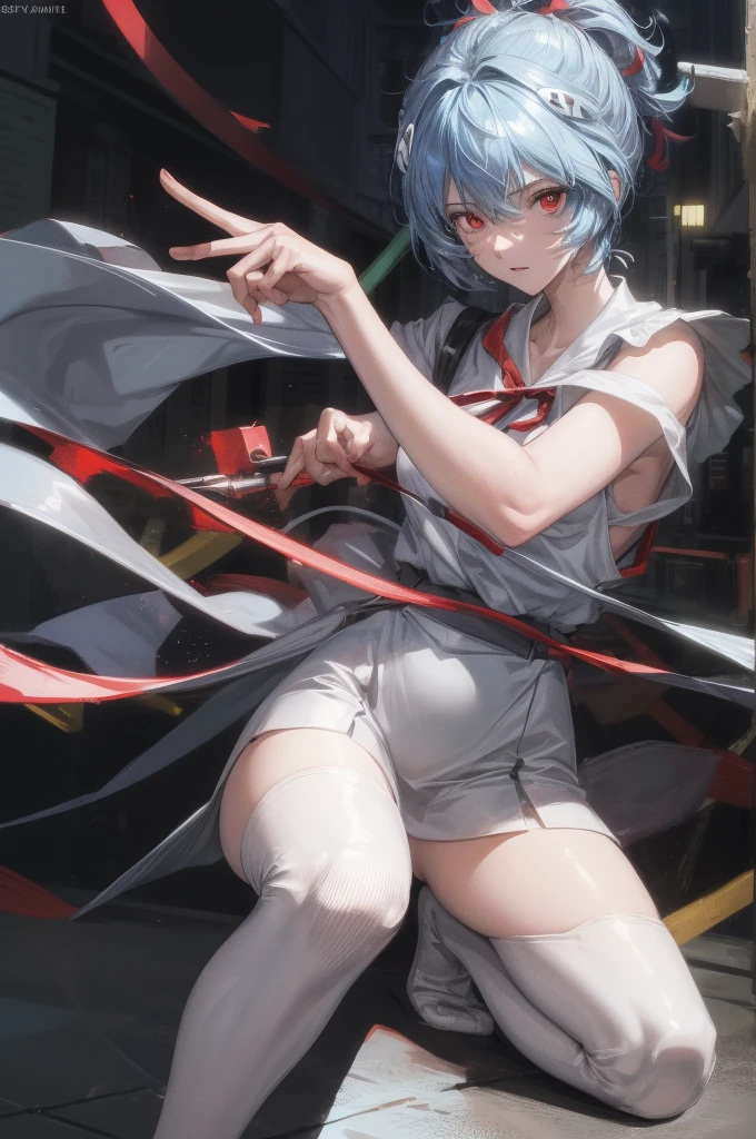 1 GIRL, reiayanami, rei ayanami, blue hair, short hair, (red eyes:1.5), ultra realistic, REALISTIC, Ultra detailed, More detailed, Japan city scenaries, Random scenaries japan, BREAK blue dress, dress, neck ribbon, pinafore dress, red ribbon, ribbon, , short sleeves, short-sleeved sweater, sweater, BREAK outdoors, city, BREAK looking at viewer, BREAK (masterpiece:1.2), best quality, high resolution, unity 8k wallpaper, (illustration:0.8), (beautiful detailed eyes:1.6), extremely detailed face, perfect lighting, extremely detailed CG, (perfect hands, perfect anatomy),