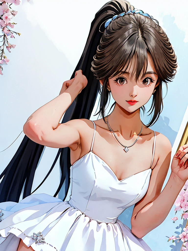 1girl, solo, looking at viewer, black hair, dress, bare shoulders, jewelry, ponytail, necklace, white dress, lips, ring