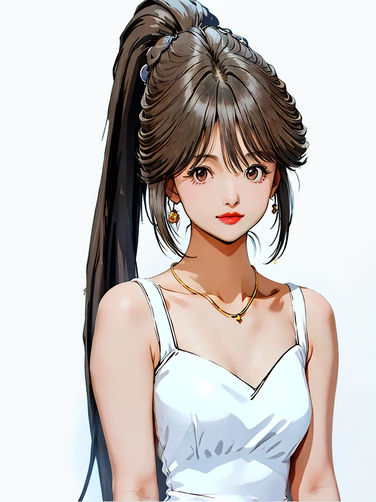 1girl, solo, looking at viewer, black hair, dress, bare shoulders, jewelry, ponytail, necklace, white dress, lips, ring