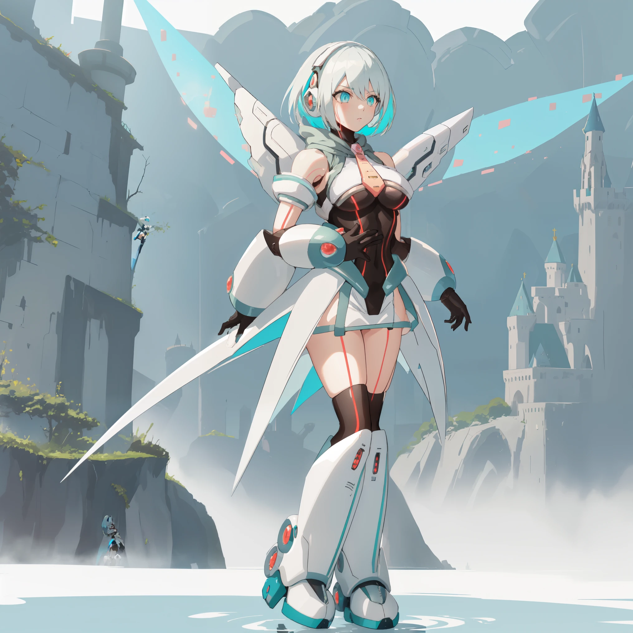 ico_megamanxdive, 1girl, blue eyes, solo, white hair, android, large breasts, black gloves, short hair, thighhighs, necktie, high quality, masterpiece, standing next to a swamp and castle surrounded by mist, outdoors, tree, solo, from behind, bird, facing away, scenery