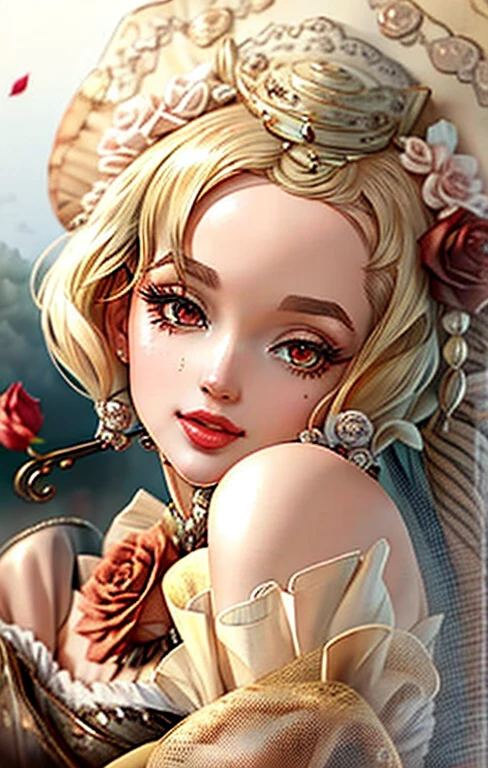 Marilyn Monroe close-up, Off the shoulder , Brown Eyes、 (Rose) Digital Art, White Background, among the Roses, Official Art, Blowing in the Wind, masterpiece, beautiful, Intricate details. Amazing details, [Dripping:0.7], Trending on Artstation, Rachel Walker