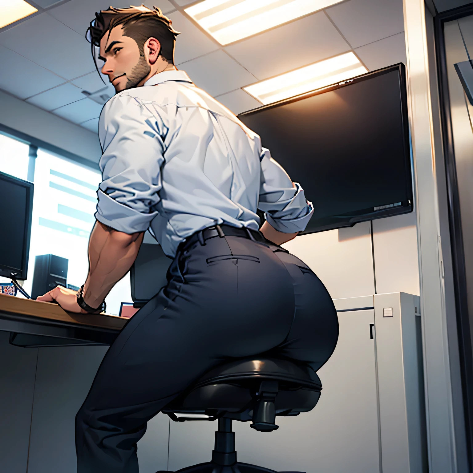 two mens, writer and economist, business office in a very tall building with glass windows, wearing only a shirt and socks, one showing his ass and the other his flaccid penis. Papers scattered on the floor. 