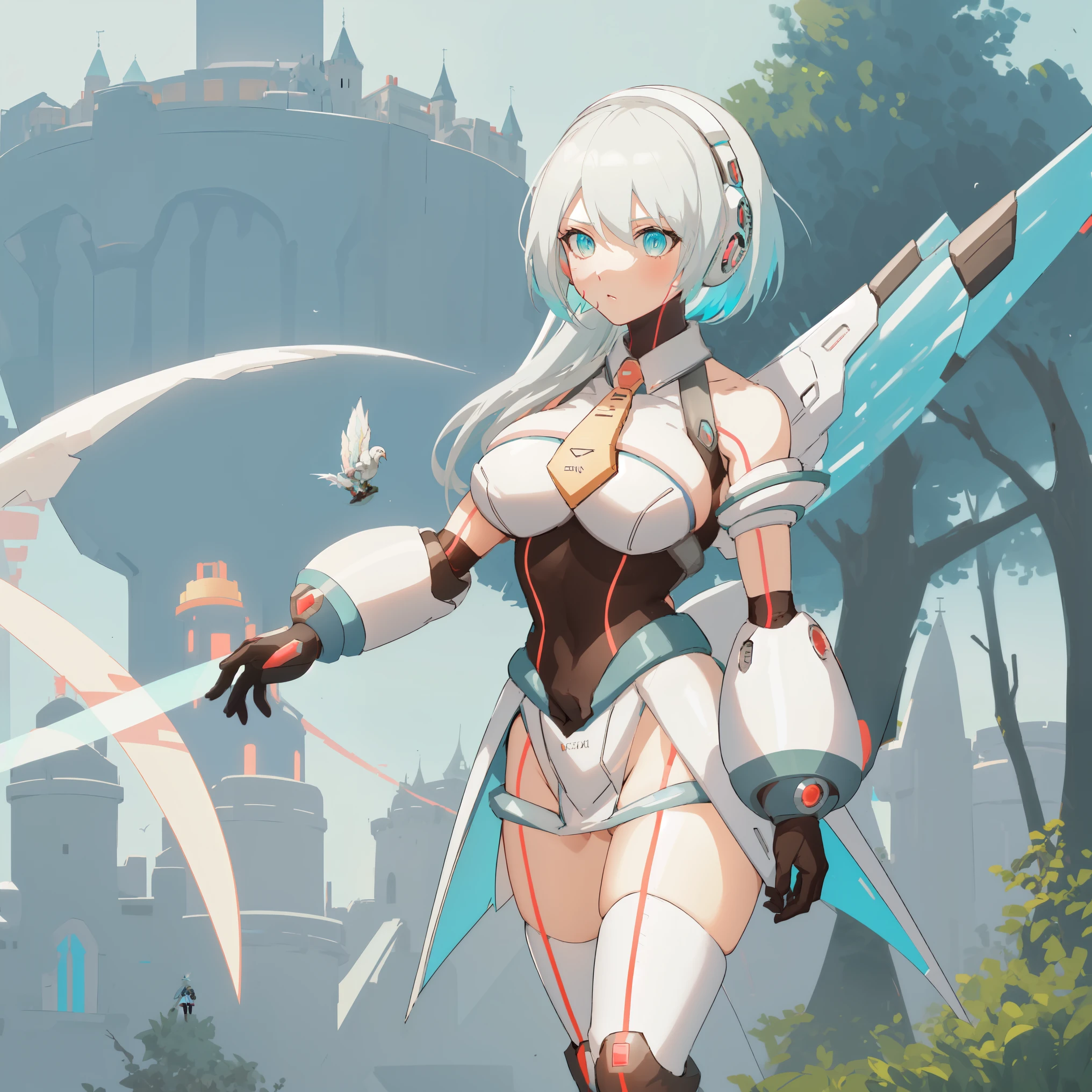 ico_megamanxdive, 1girl, blue eyes, solo, white hair, android, large breasts, black gloves, short hair, thighhighs, necktie, high quality, masterpiece, standing next to a swamp and castle surrounded by mist, outdoors, tree, solo, from behind, bird, facing away, scenery