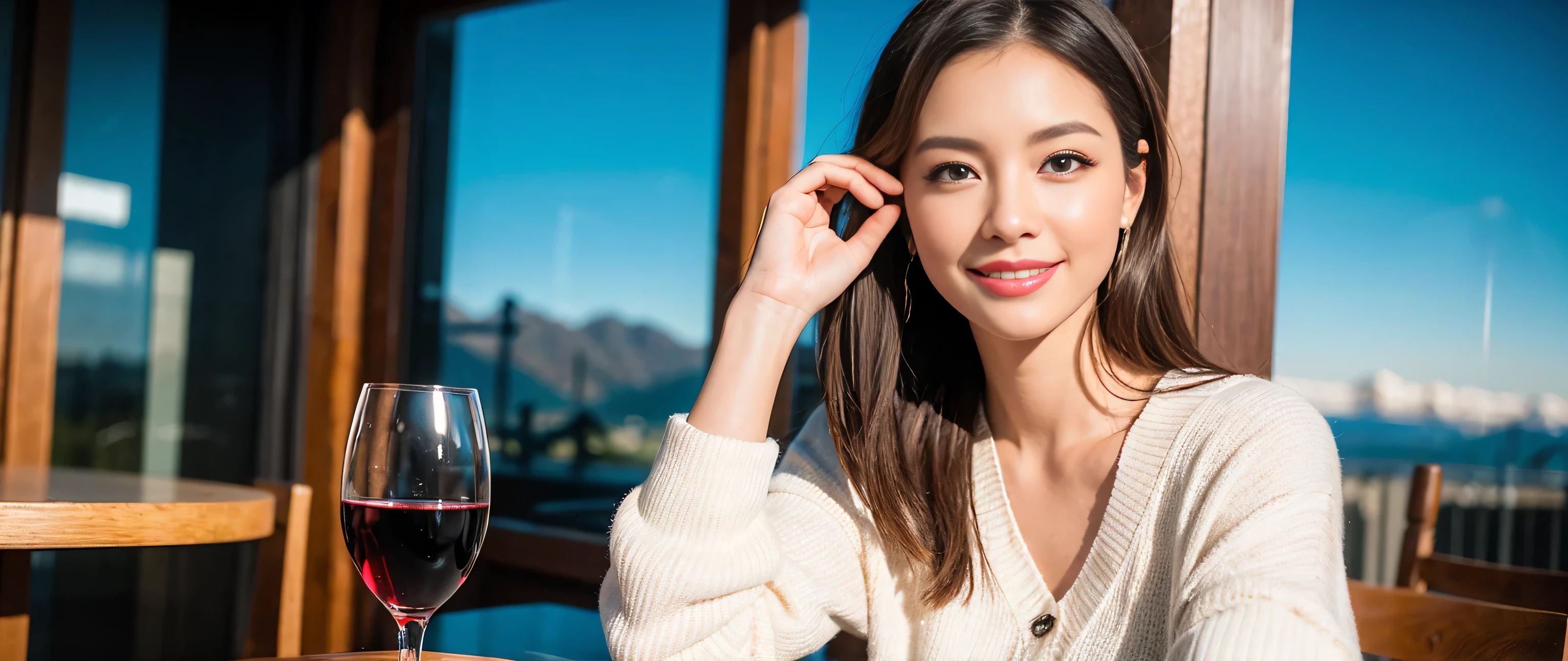 ((highest quality、8k、masterpiece:1.3))、Sharp focus:1.2、Beautiful woman perfect body:1.4、Slim body、((Bob Hale、Straight hair:1.2))、(to be born, highest quality, masterpiece:1.5), (Realistic, Intricate details:1.2), Ultra-high resolution, Put the light on your face、Amazing view of the sunset sky and clouds、Amazing mountain views、A bright smile、wine glass、red wine 、Appetizer、Italian food、Wine bottle、Champagne、sparkling wine、, Beautiful Face, blue eyes, The light shines on your face, Blushing, short hair,Bright Face、Fox face、 (36 years old), 39 years old, Lady、Two beauties、Brown Hair、Shortcuts、Long sleeve shirt、dress、Pretty Woman 1, (Slim face), (The body is slim), (Brown Hair), (Shortcuts), cheeks turn a little red,Attractive beauty、, Out of the window, A beautiful and detailed night view unfolds.........., restaurant, In a prominent place (From the waist up) Nova Frog Style, actress, model, Upper Body, White wine, slim, wine glass, A wine glass placed in the middle, smile, (smile: 1.15), Beautiful fine grain, Depth f/2,saturation, High Contrast, Strong light and shadow,Moist Body:1.5、3D texture、Delicate eyes、Brown Hair、The hair is very shiny、