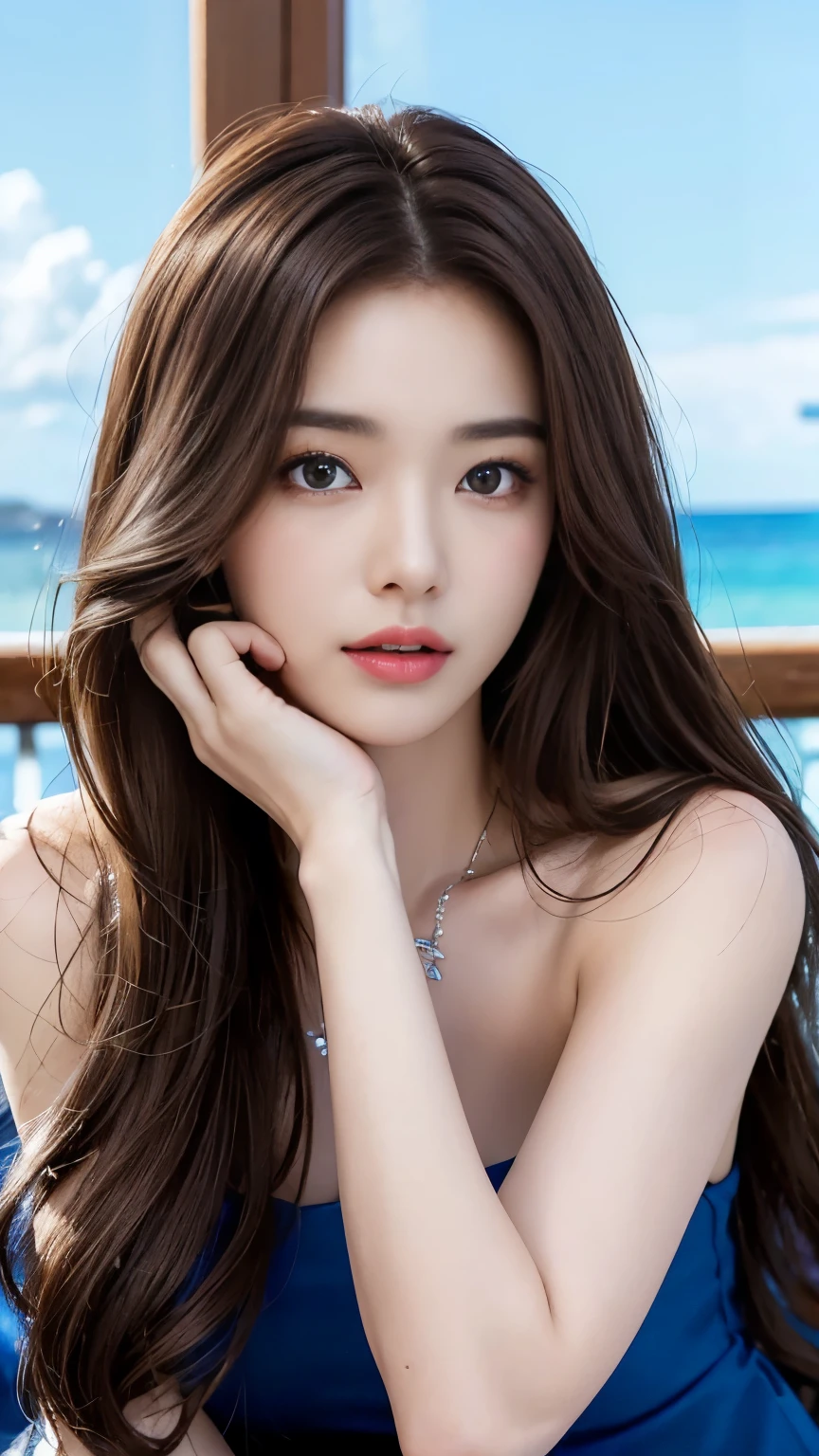 ((Genuineライティング、highest quality、8k、masterpiece:1.3))、8k、Clear focus:1.2、Browsing Caution、(nude:1.5)、((Genuine)) 、((Genuine light、highest quality) )、Model Body Type:1.4、(Dark brown hair、outside:1.8)、Dark brown eyes、Long Hair、Resort、At Nangoku Hotel、(24-years-old:1.3)、Highly detailed face、Beautiful Eyes、double eyelid、necklace、Put your hair over one eye、High heels、eyeliner、Comb your hair、Blue sea view、liberation、Model pose、、(Browsing Caution:1.5)