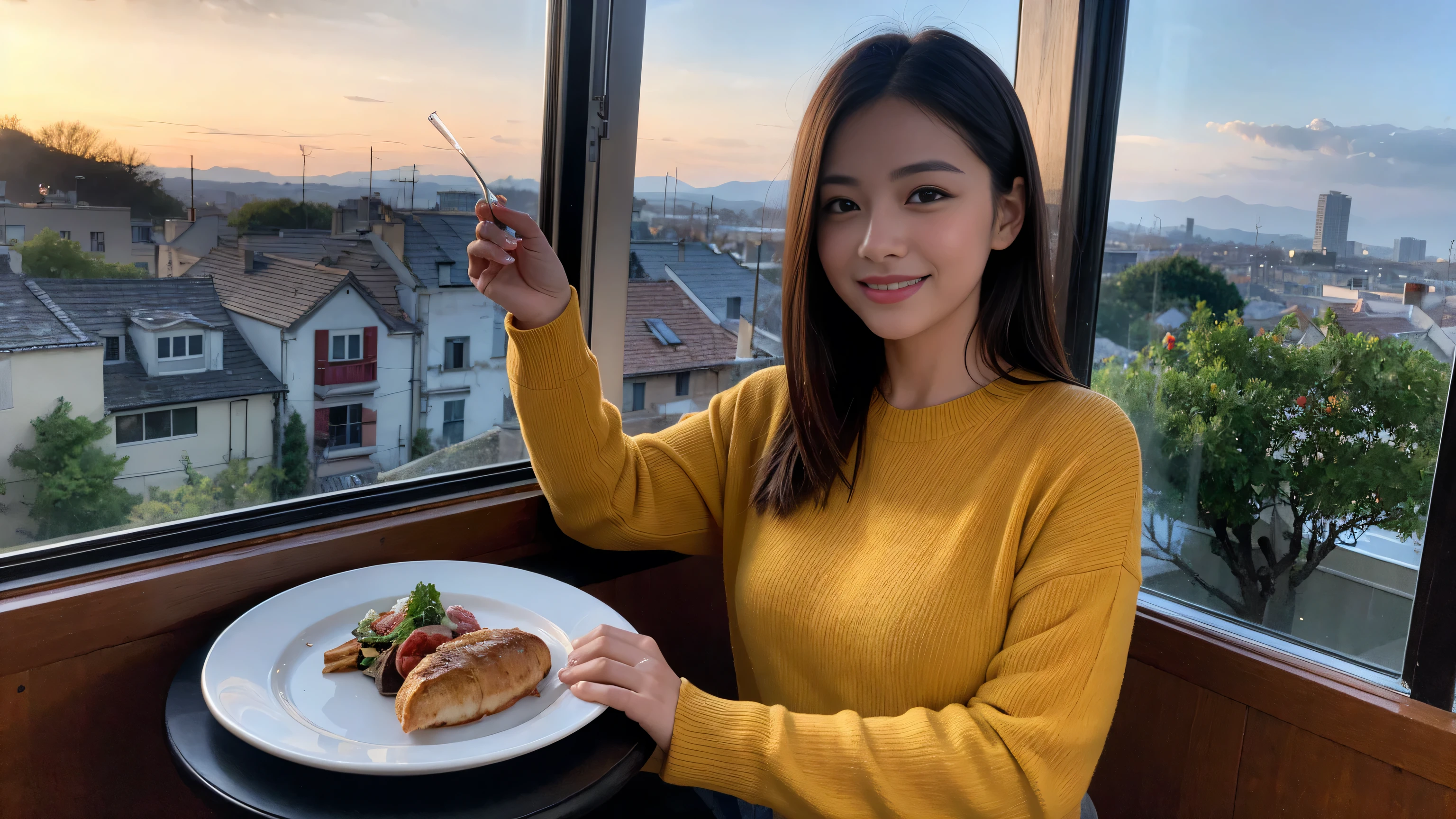 ((highest quality、8k、masterpiece:1.3))、Sharp focus:1.2、Beautiful woman perfect body:1.4、Slim body、((Bob Hale、Straight hair:1.2))、(to be born, highest quality, masterpiece:1.5), (Realistic, Intricate details:1.2), Ultra-high resolution, Put the light on your face、Amazing view of the sunset sky and clouds、Amazing mountain views、A bright smile、wine glass、red wine 、Appetizer、Italian food、Wine bottle、Champagne、sparkling wine、, Beautiful Face, blue eyes, The light shines on your face, Blushing, short hair,Bright Face、Fox face、 (36 years old), 39 years old, Lady、Two beauties、Brown Hair、Shortcuts、Long sleeve shirt、dress、Pretty Woman 1, (Slim face), (The body is slim), (Brown Hair), (Shortcuts), cheeks turn a little red,Attractive beauty、, Out of the window, A beautiful and detailed night view unfolds.........., restaurant, In a prominent place (From the waist up) Nova Frog Style, actress, model, Upper Body, White wine, slim, wine glass, A wine glass placed in the middle, smile, (smile: 1.15), Beautiful fine grain, Depth f/2,saturation, High Contrast, Strong light and shadow,Moist Body:1.5、3D texture、Delicate eyes、Brown Hair、The hair is very shiny、