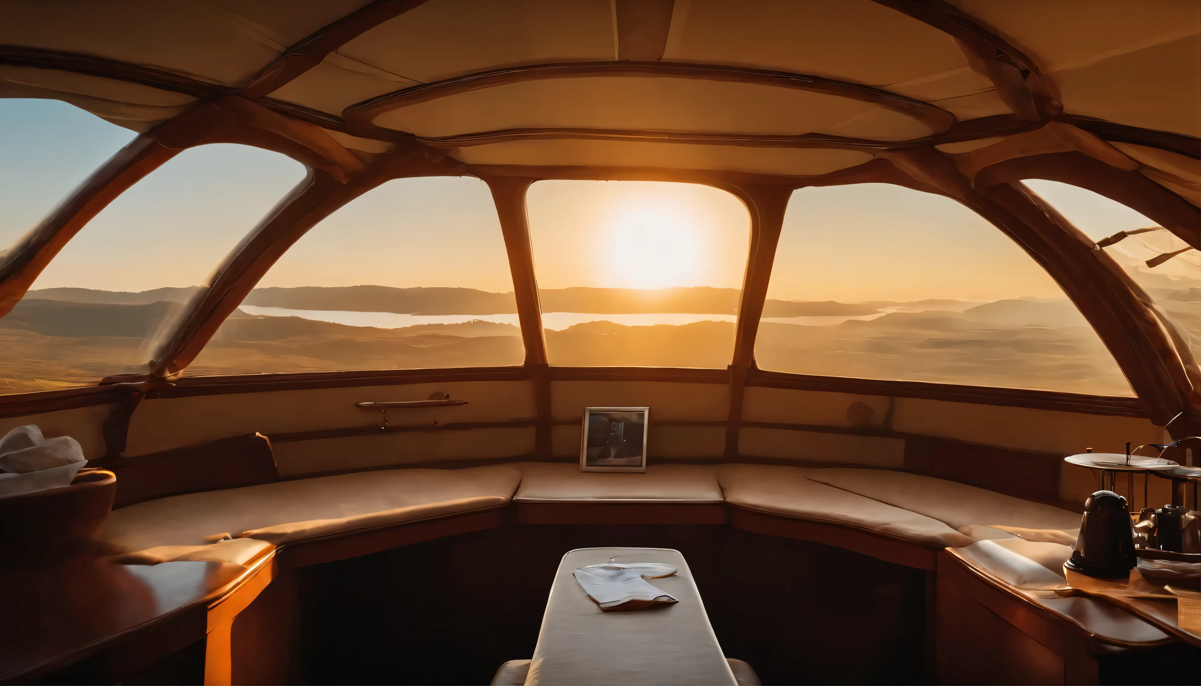 Looking out from the passenger seat of a large airship。The interior is like a cozy home、I can see the morning sun ahead、There is a coffee cup on the table、All objects have precise shapes、The object is not blurred、Perfect photo、Actual Photos、High resolution、delicate、８ｋ、